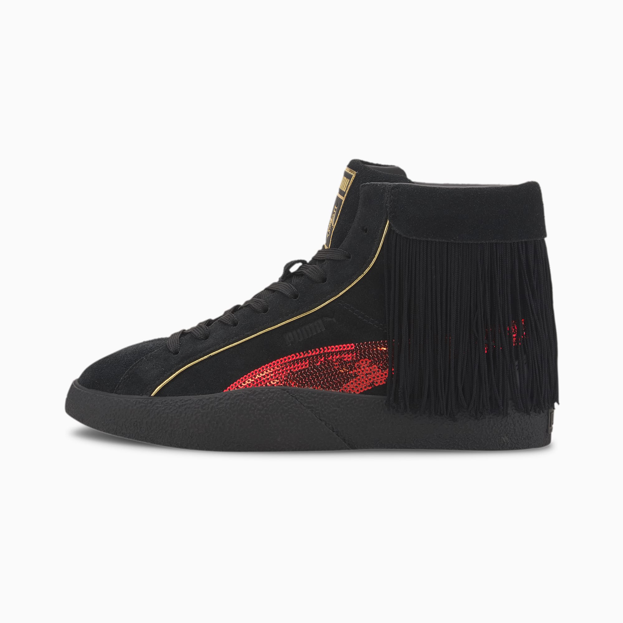 puma black and red sneakers