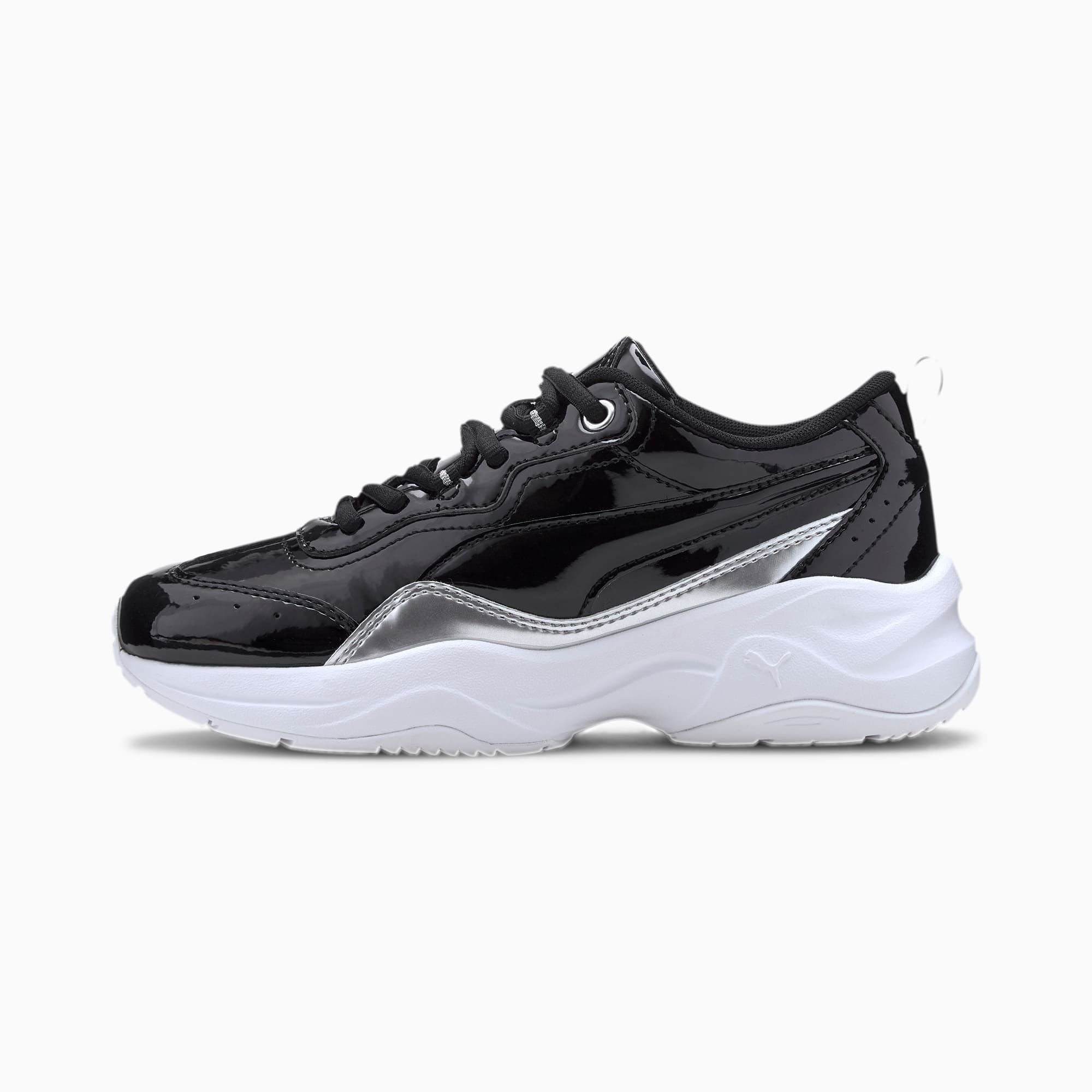 black puma patent trainers