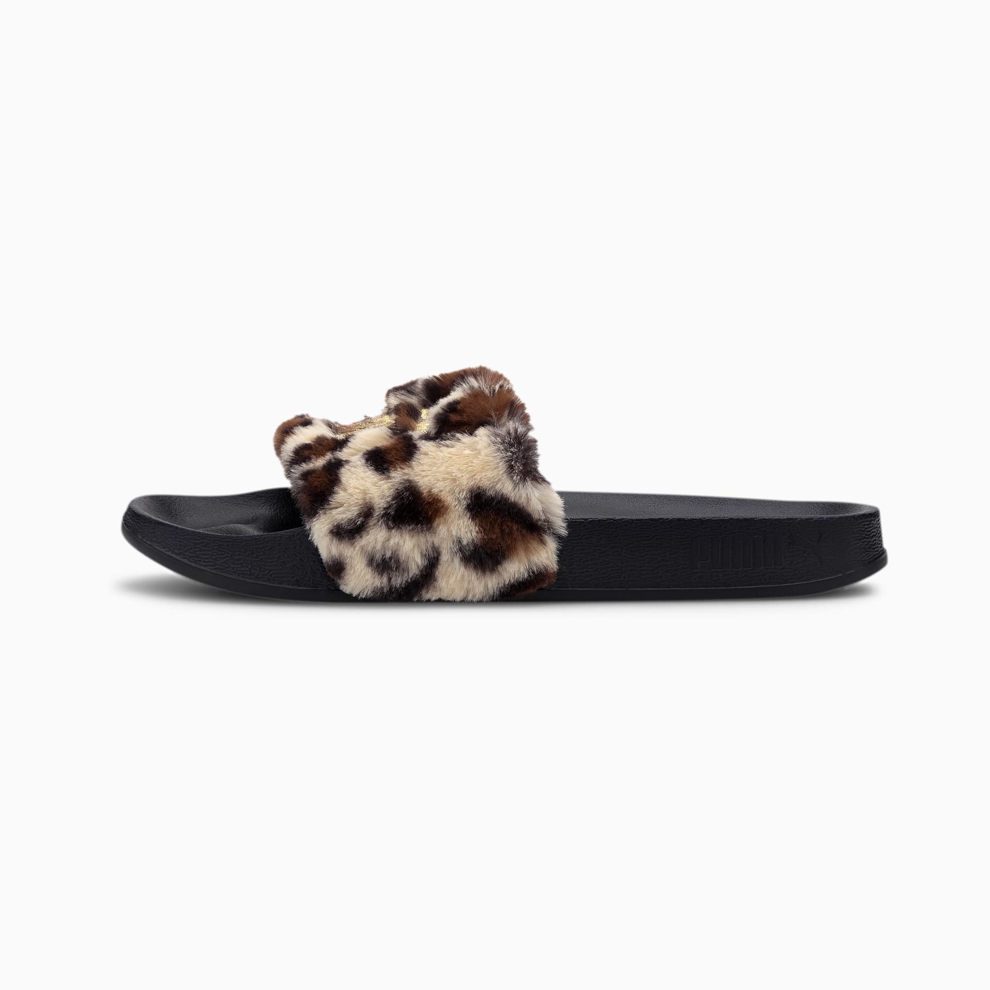 black fluffy puma slides