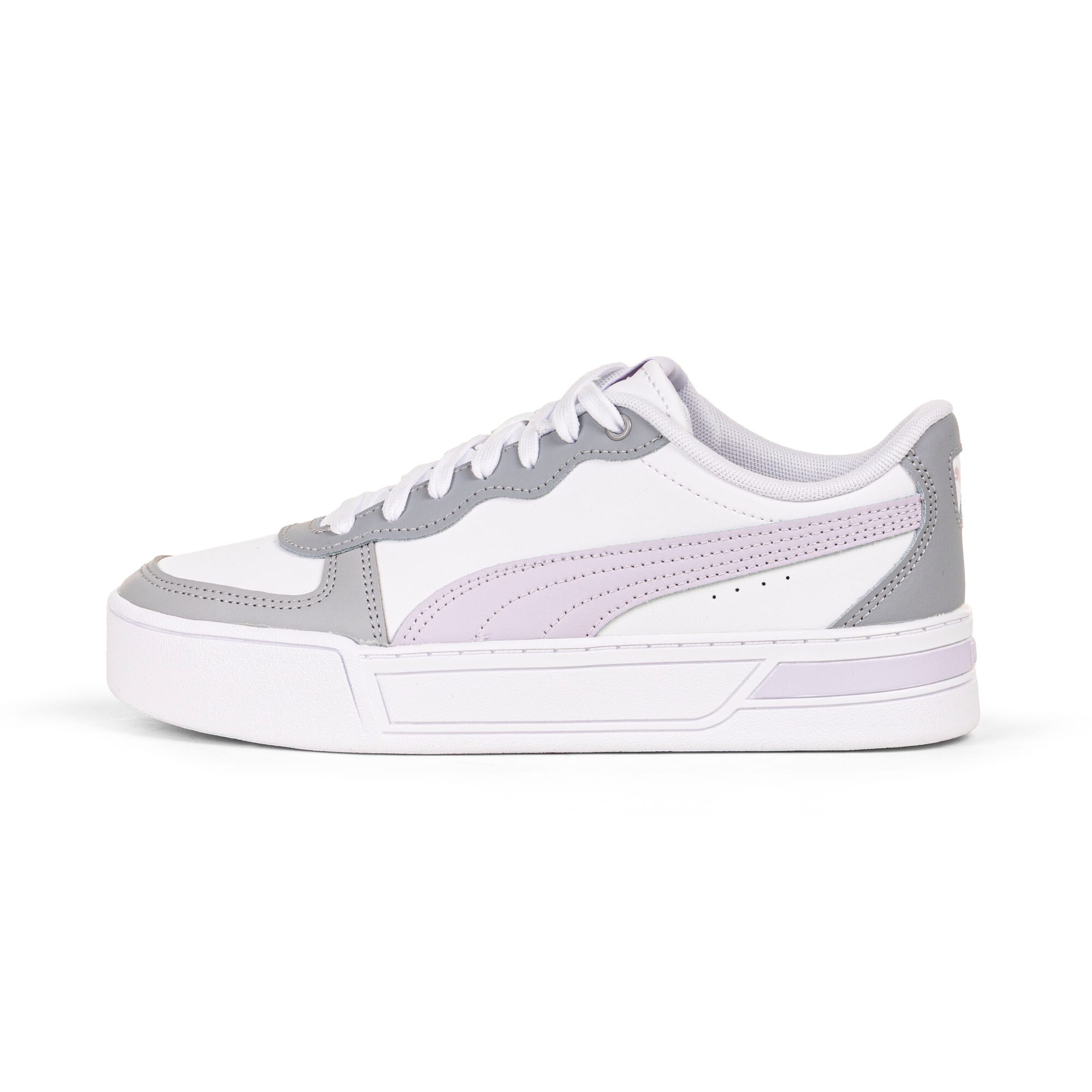 White PUMA trainer, women's, with lilac formstrip and grey accents on the heel and toe.
