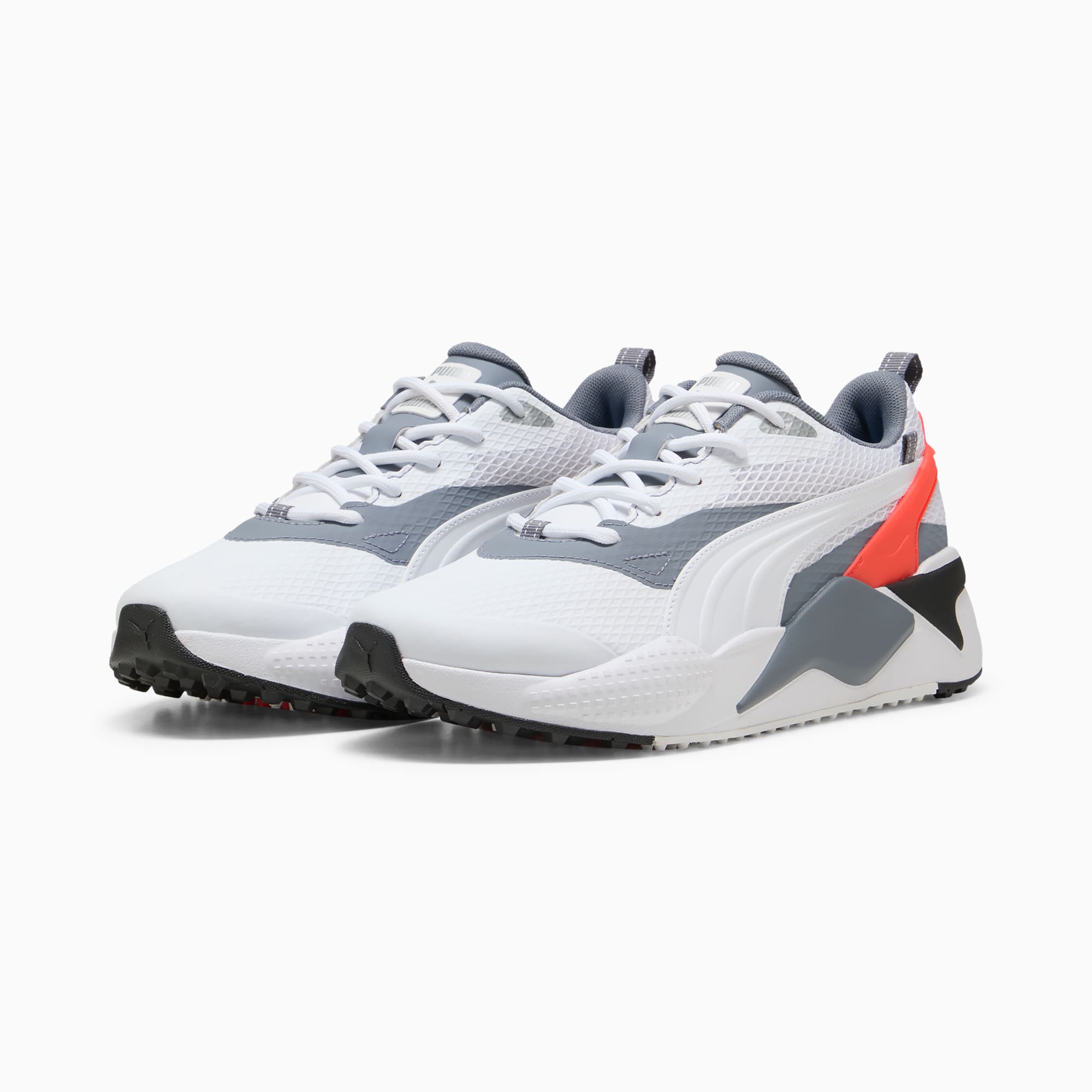 Scarpe da ginnastica PUMA bianche per adulti con dettagli grigi e corallo.