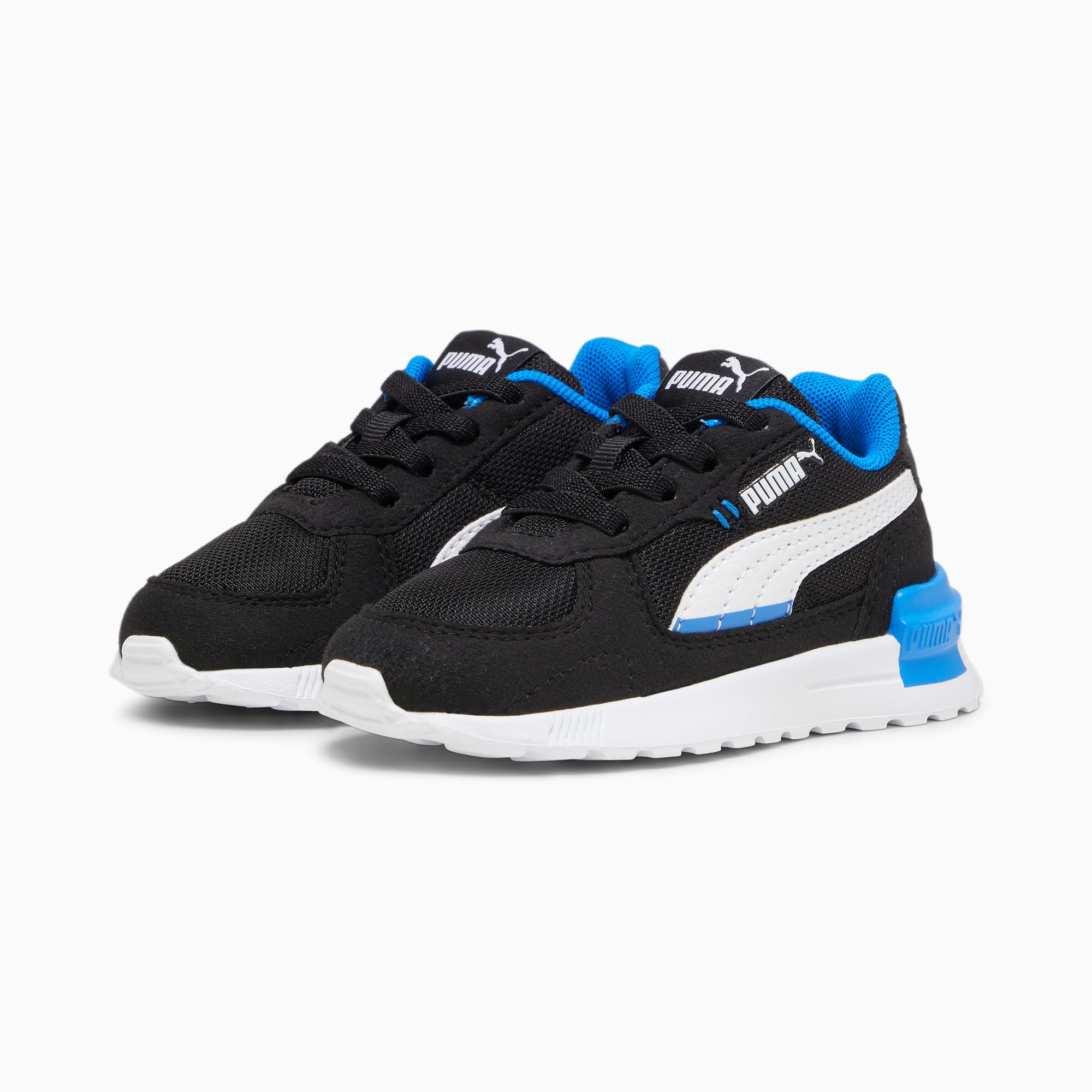 Black PUMA trainers for toddlers with white formstripes and blue accents.