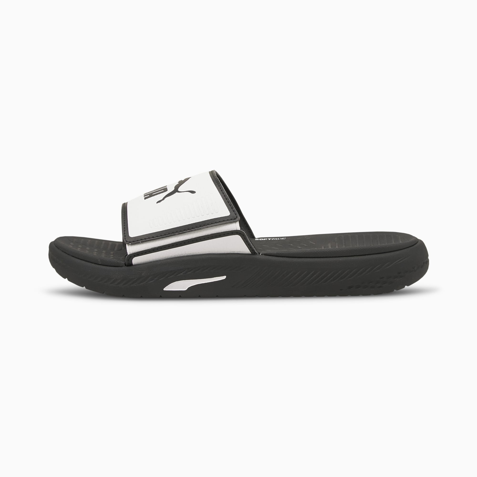 Puma black and white slides store
