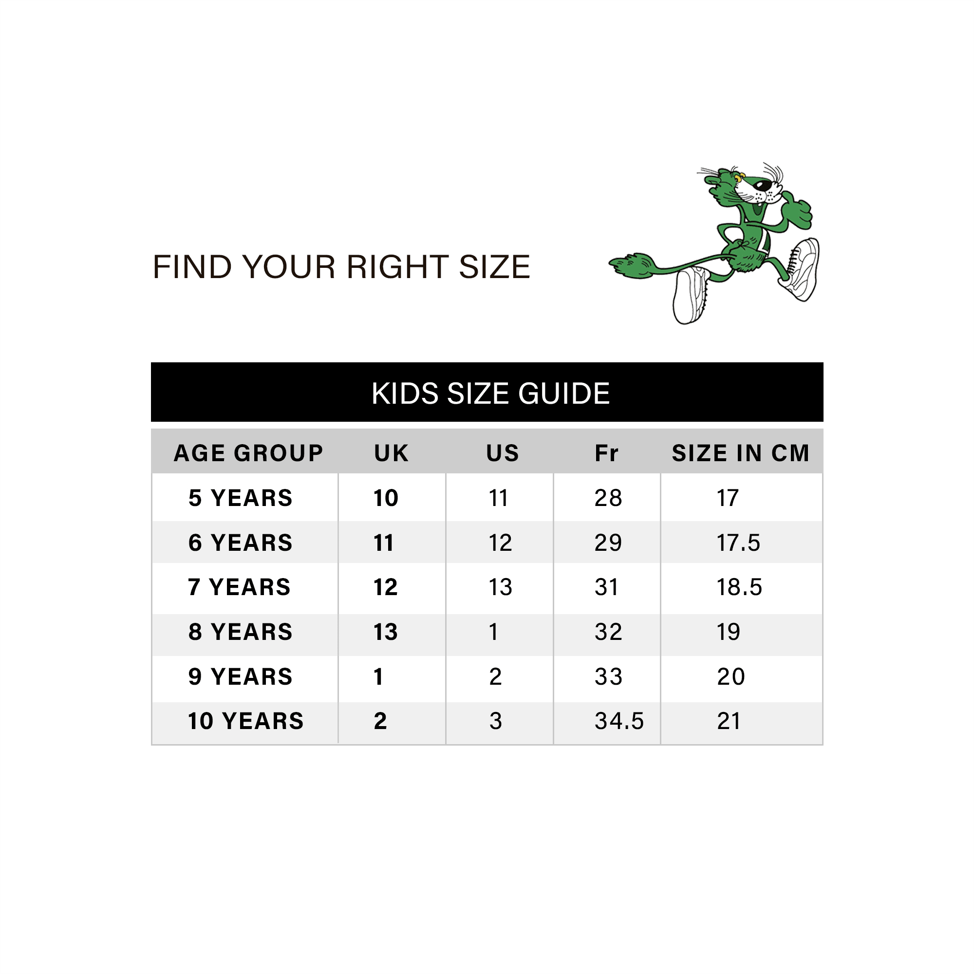Puma kids size guide new arrivals