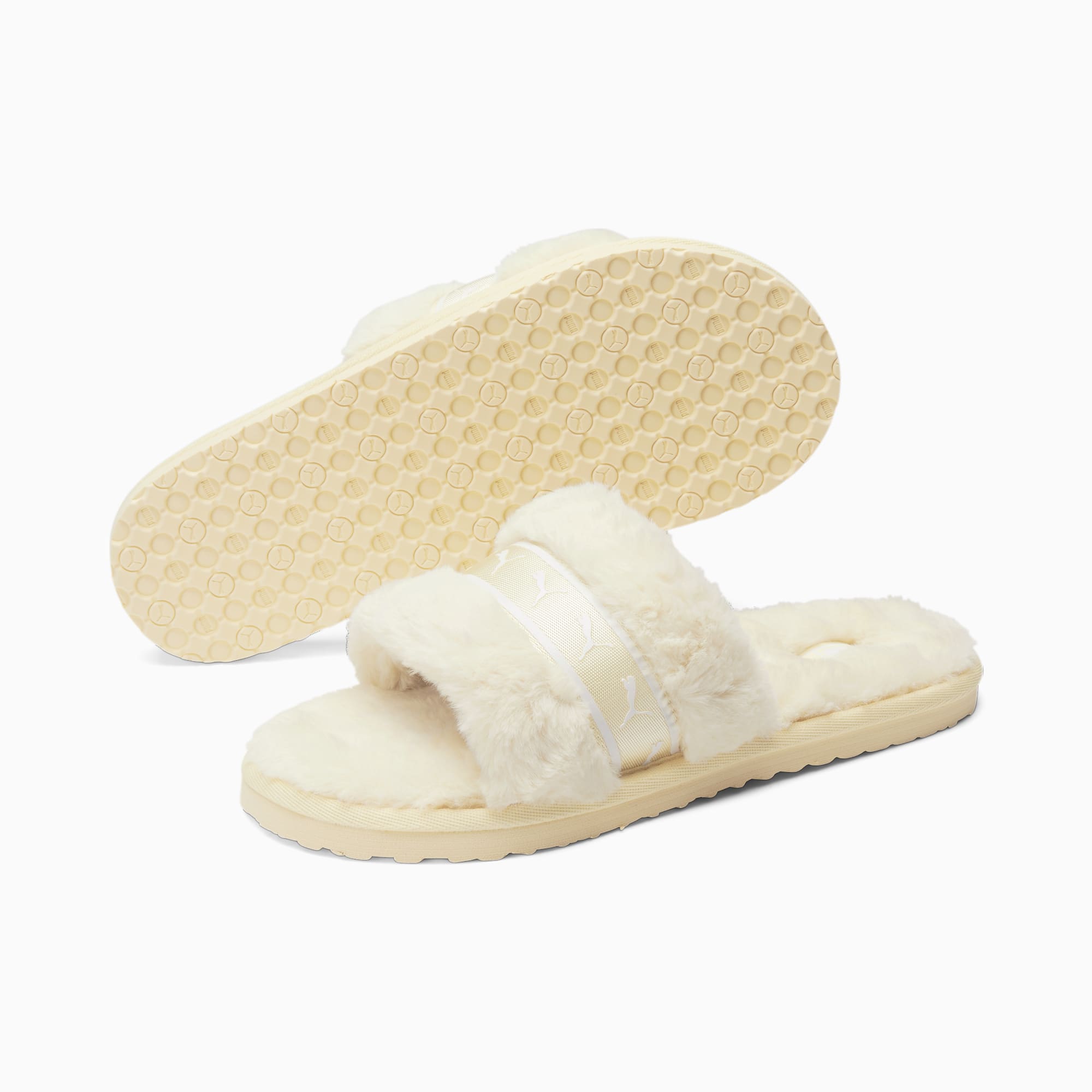 PUMA Fluff Faux Fur Logo Slippers in White