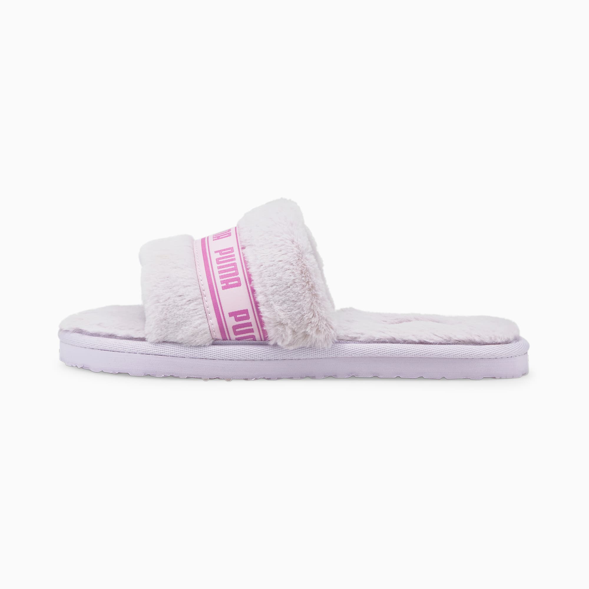 PUMA Fluff Faux Fur Logo Slippers in White