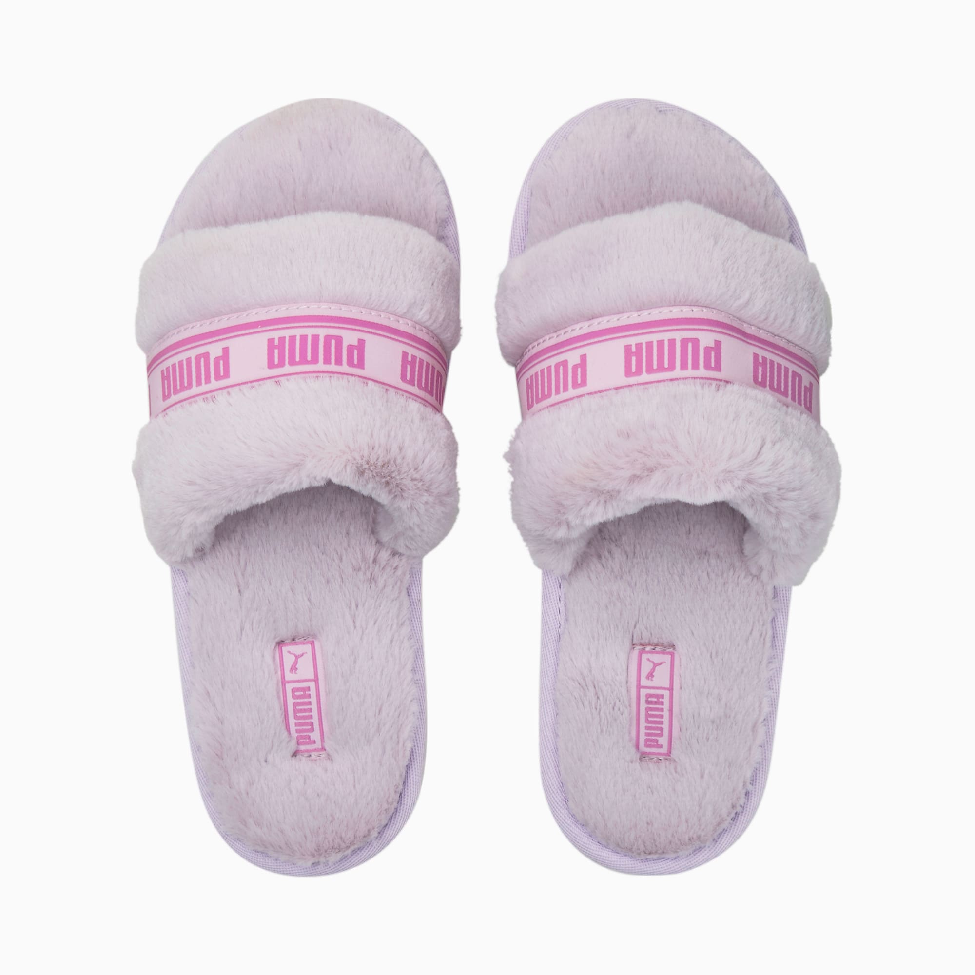 PUMA Fluff Faux Fur Logo Slippers in White