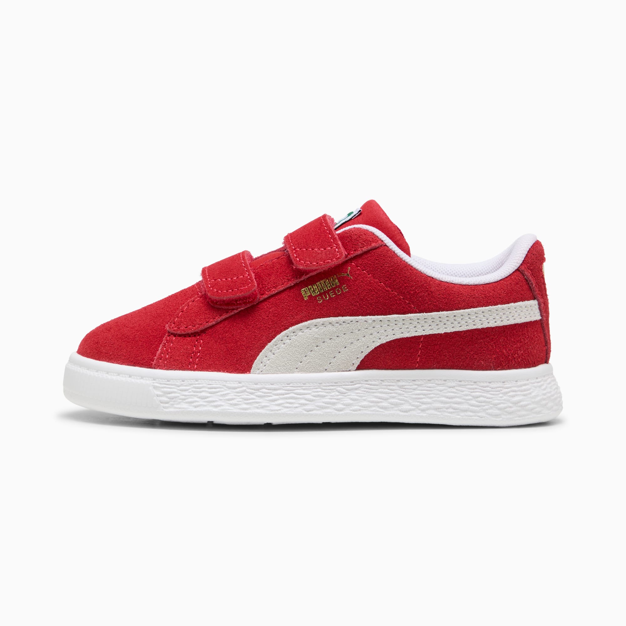 Chaussure rouge PUMA Suede pour enfant avec attaches et bande blanche.