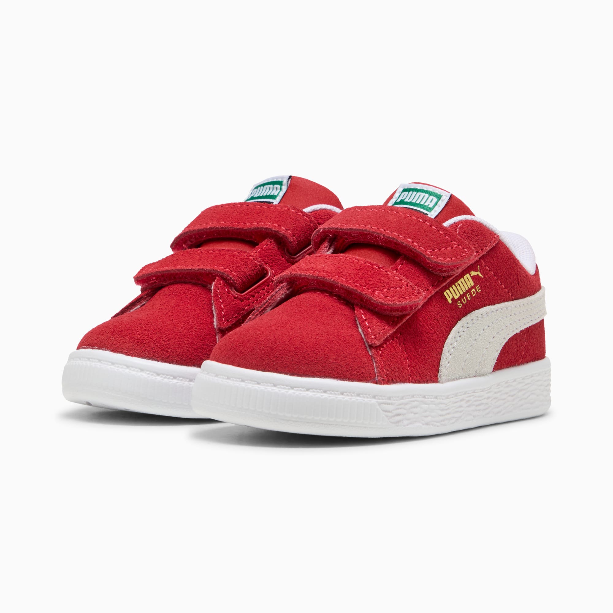 Scarpe da ginnastica rosse PUMA per neonati, con cinturini a strappo e banda bianca.
