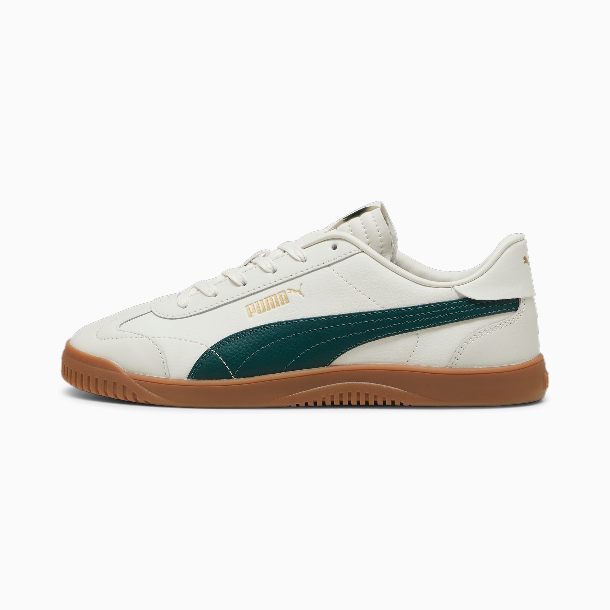 Basket crème PUMA homme avec bande vert foncé et semelle marron.