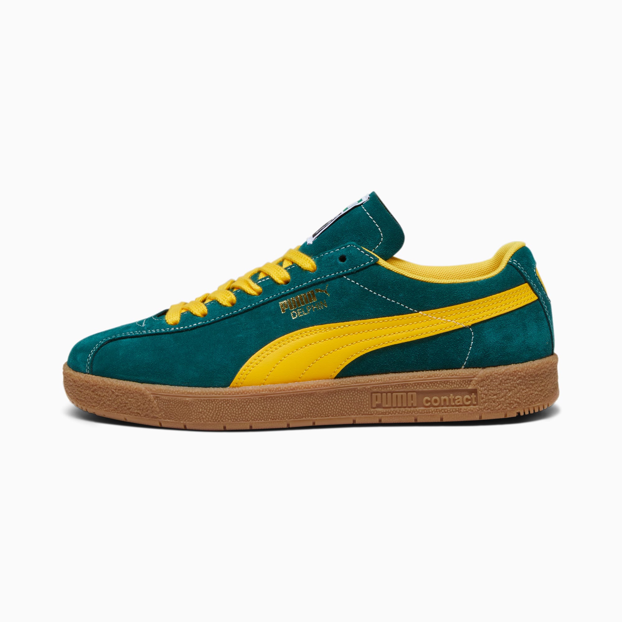 This is the Puma Delphin sneaker in forest green and yellow, an alternative to the Adidas Samba.