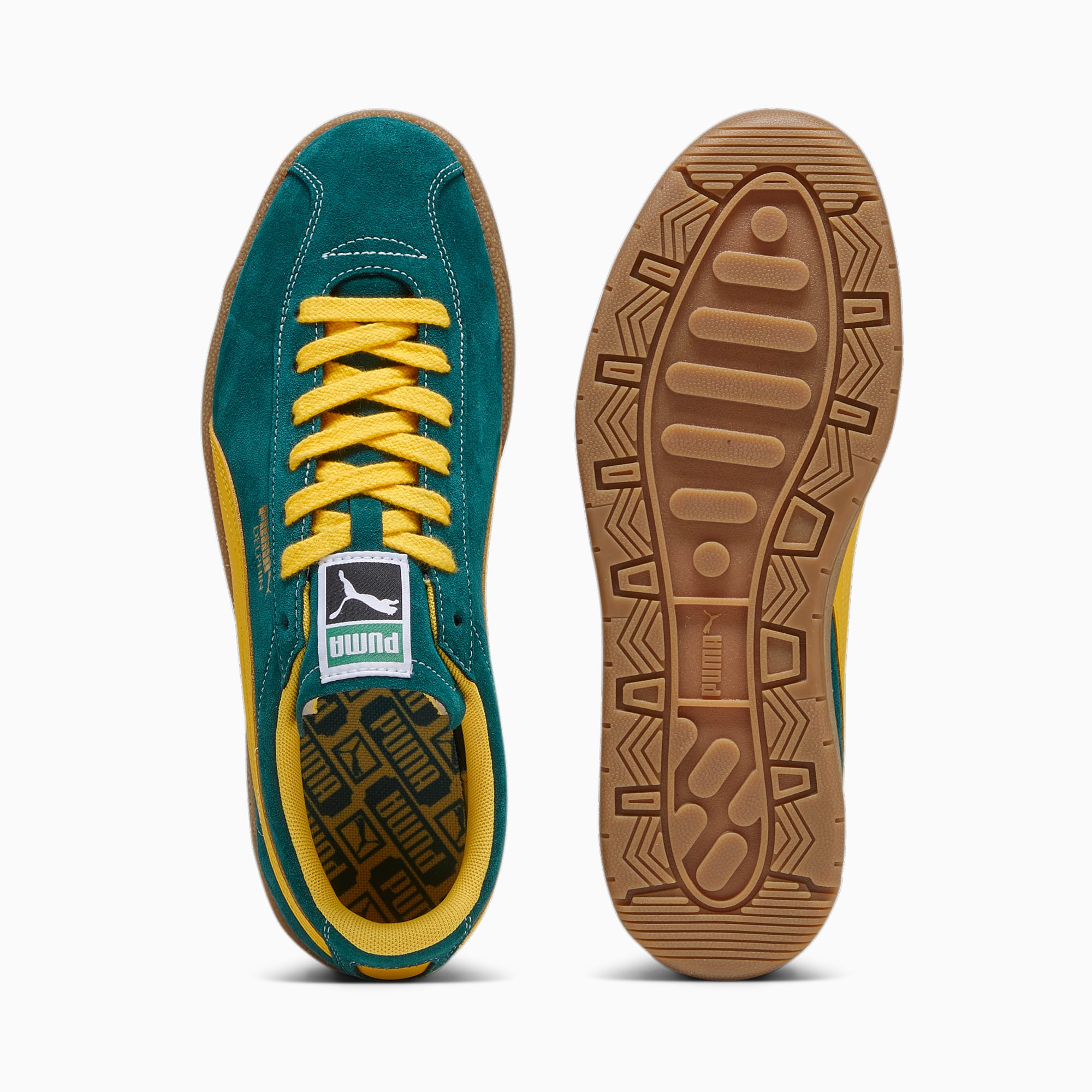This is the Puma Delphin sneaker in forest green and yellow, an alternative to the Adidas Samba.