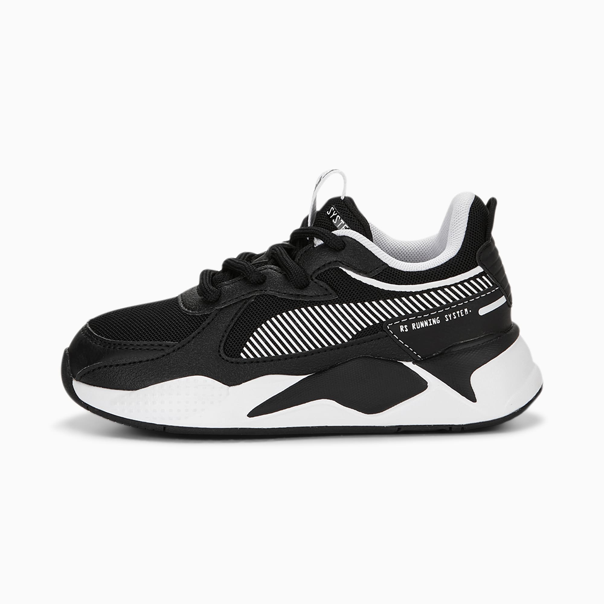Baskets PUMA noires pour enfants avec rayures blanches et texte 'RS RUNNING SYSTEM'.