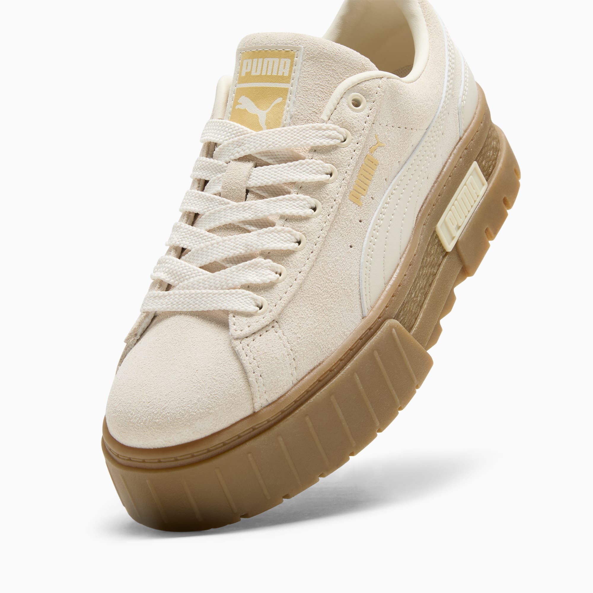 Puma Mayze Brushed Suede Women s Sneakers Alpine Snow Gold Gum 5.5