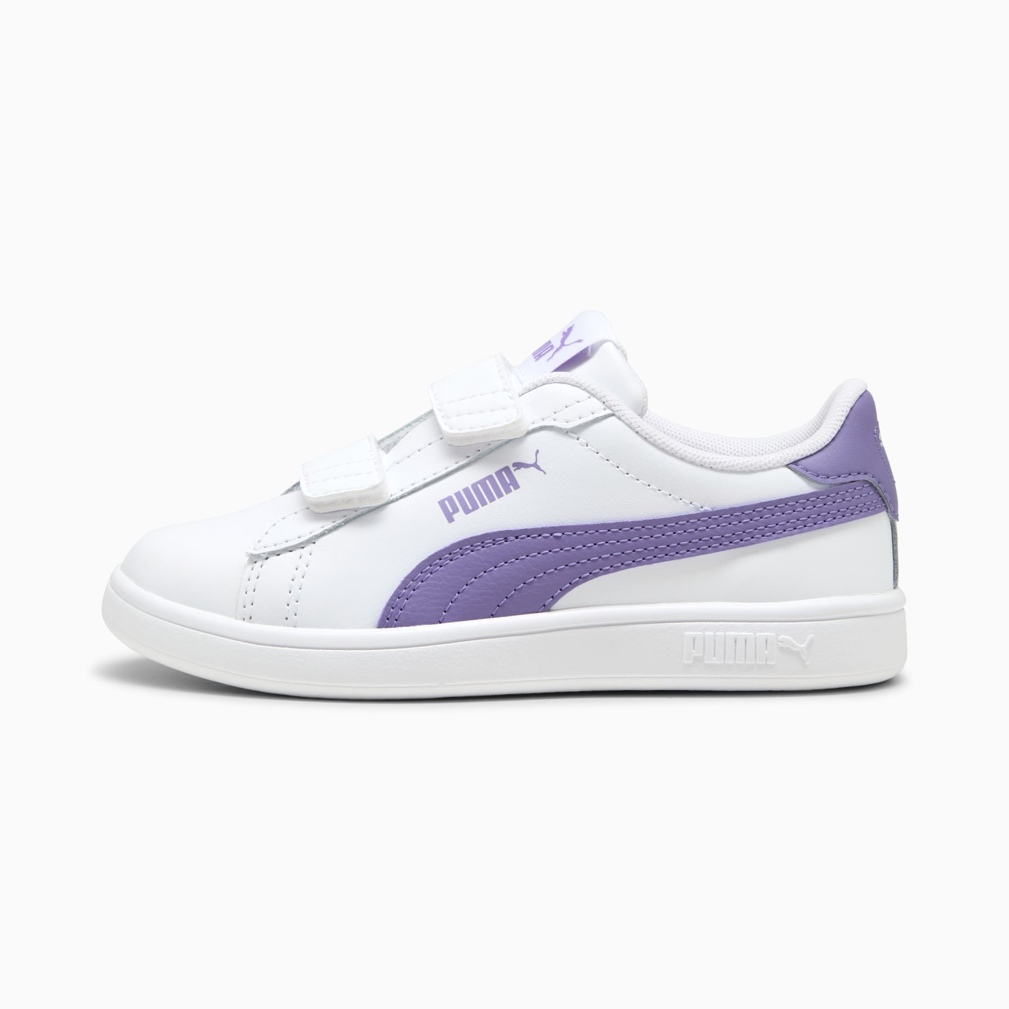 White PUMA trainer for children with lilac stripes and touch-fastening straps.