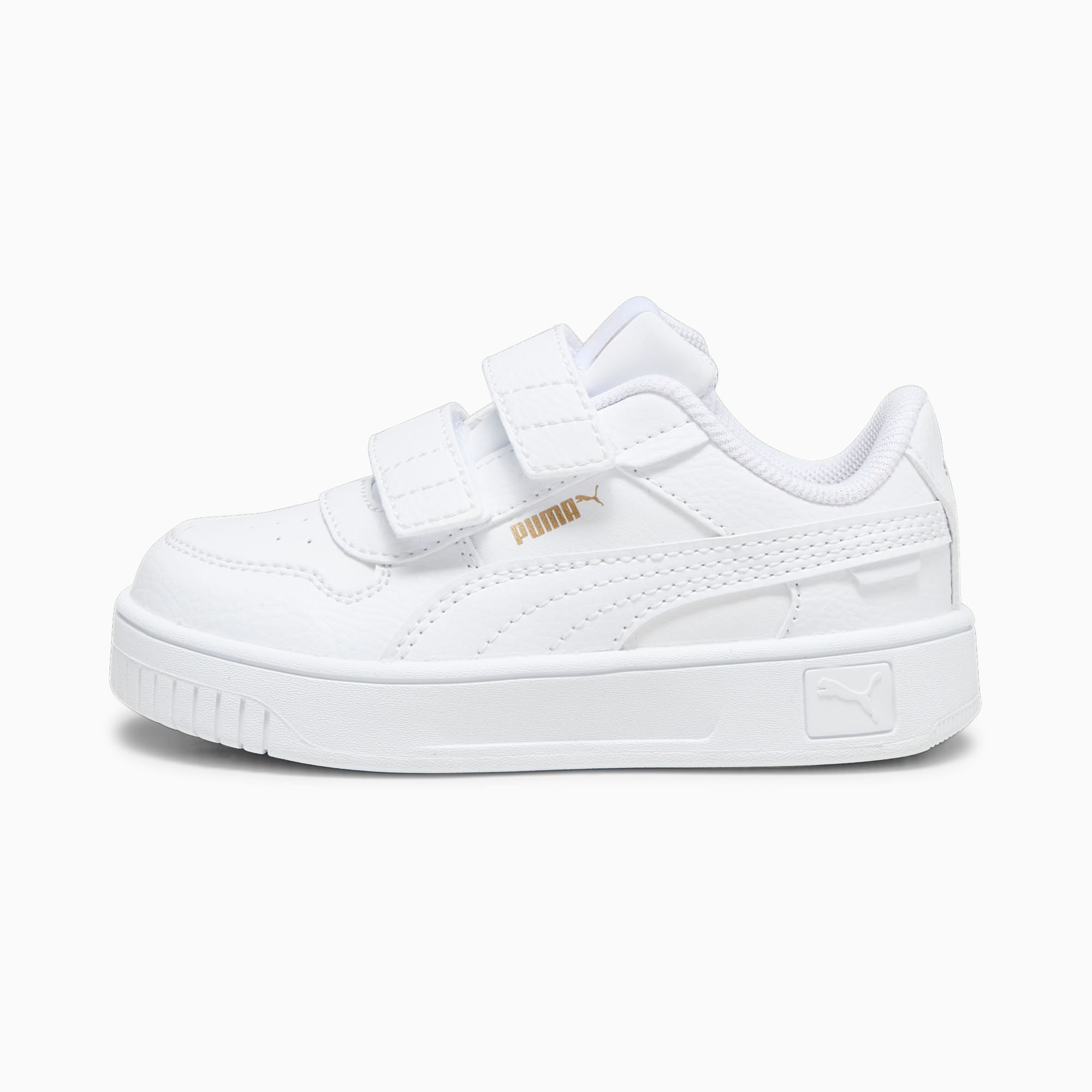 Basket PUMA blanche enfant avec fermeture auto-agrippante et logo doré.
