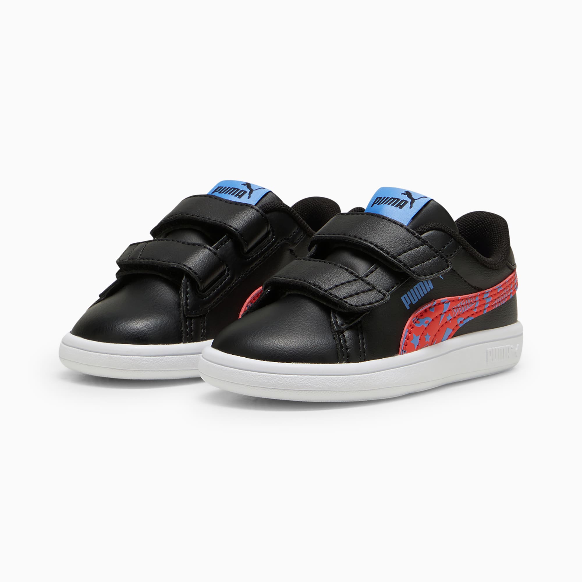 Black PUMA trainers for kids with hook and loop straps and red and blue design.