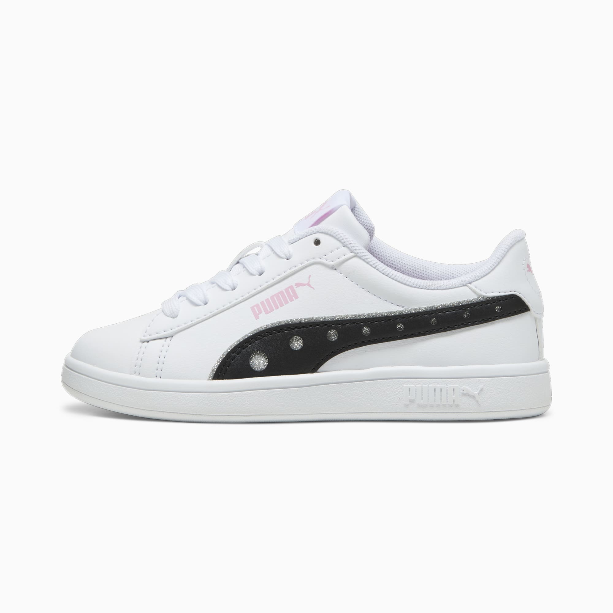 Witte PUMA-sneaker voor kinderen met zwarte en zilveren glitter zijstreepdetail.