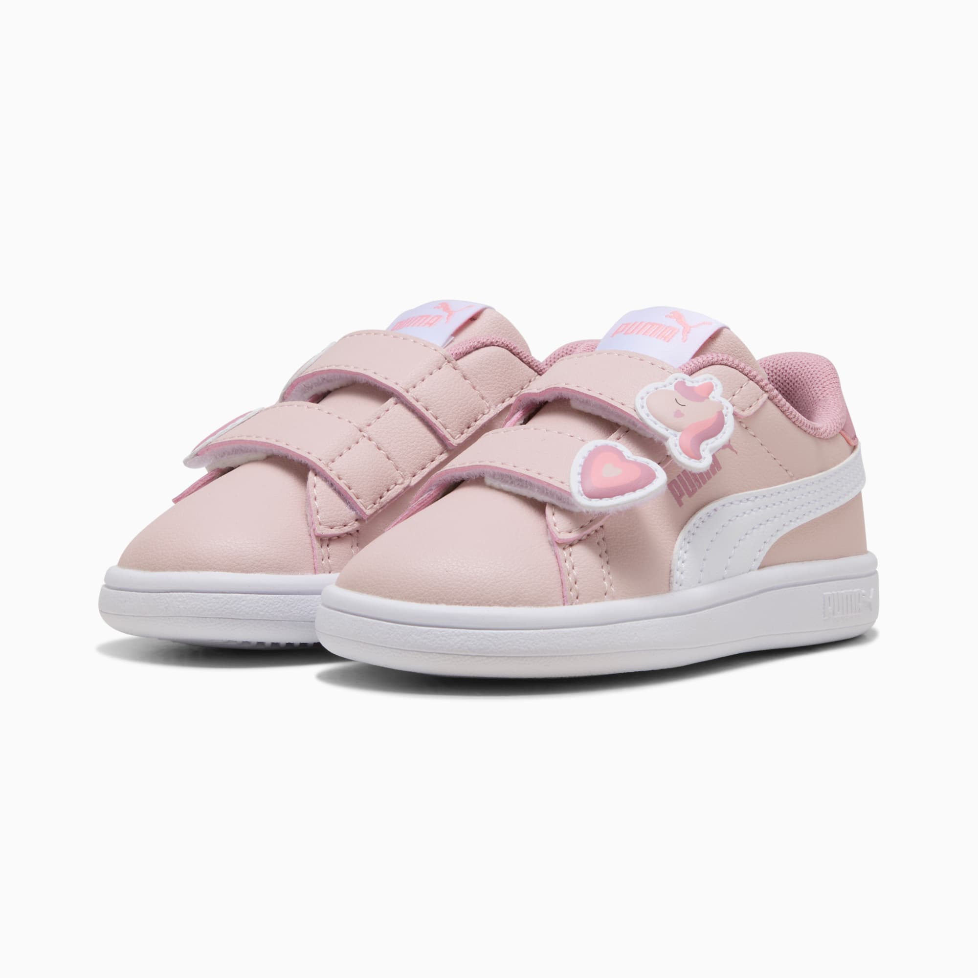 Roze PUMA-sneakers voor peuters met klittenbandsluitingen en eenhoorn-, hartdetails.