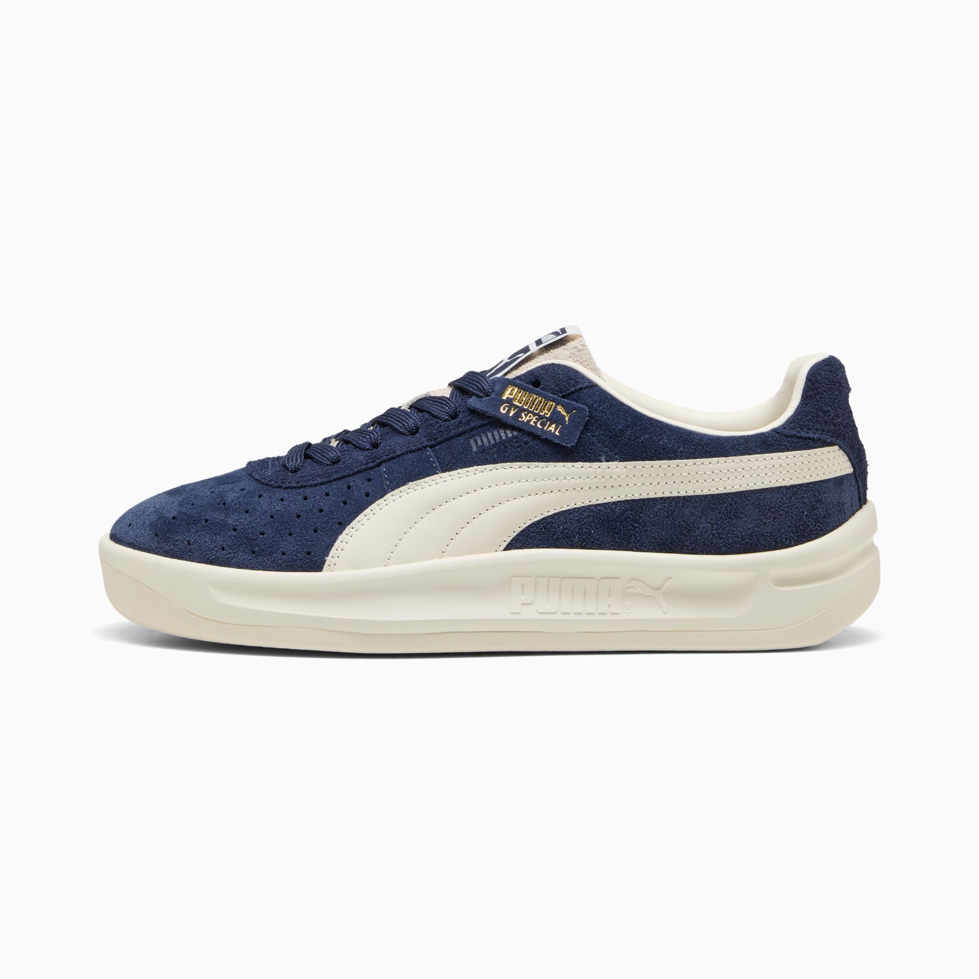 Scarpa blu navy PUMA GV Special uomo con tomaia in pelle scamosciata e striscia Formstrip écru.