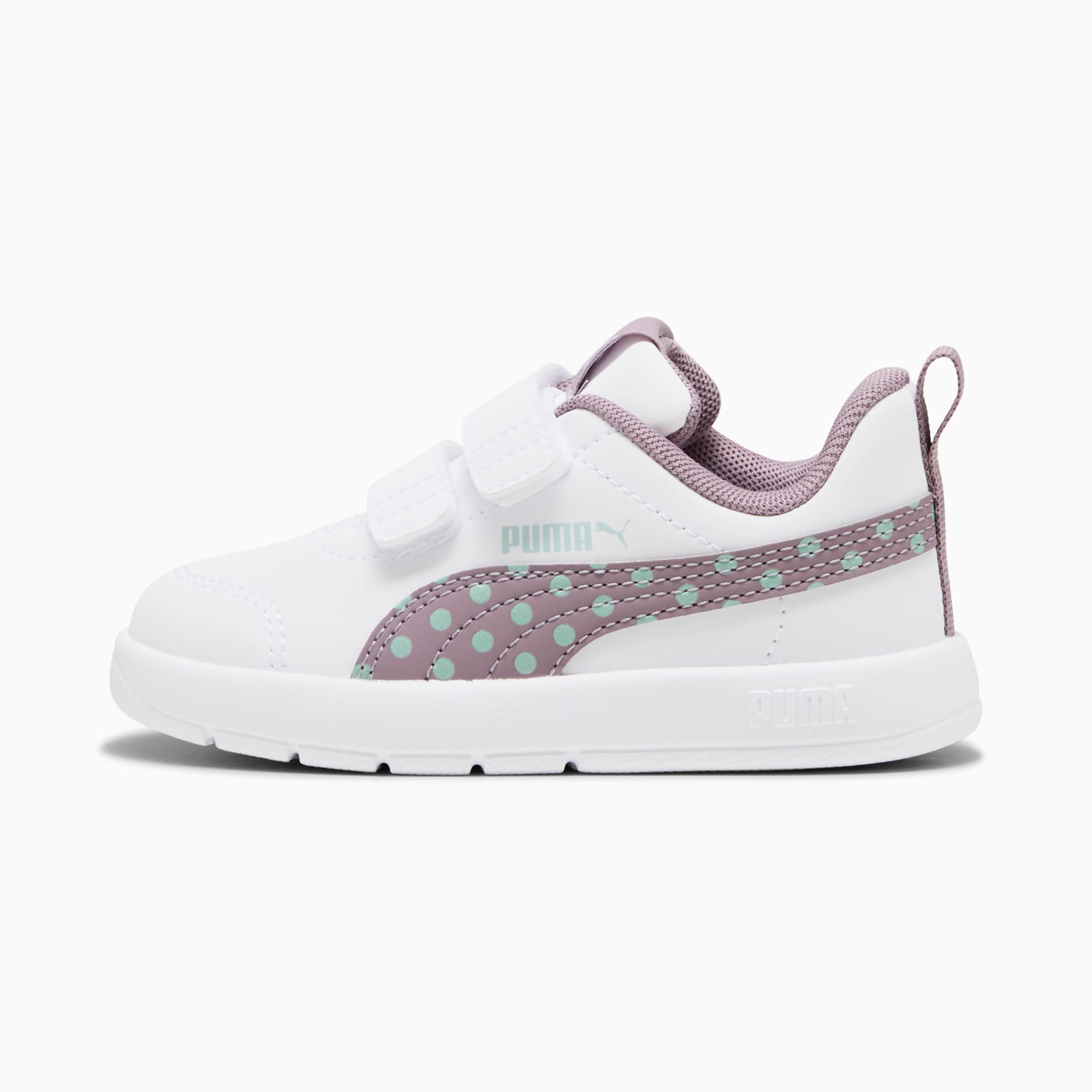Basket PUMA blanche (enfant) avec brides à scratchs et motif à pois.