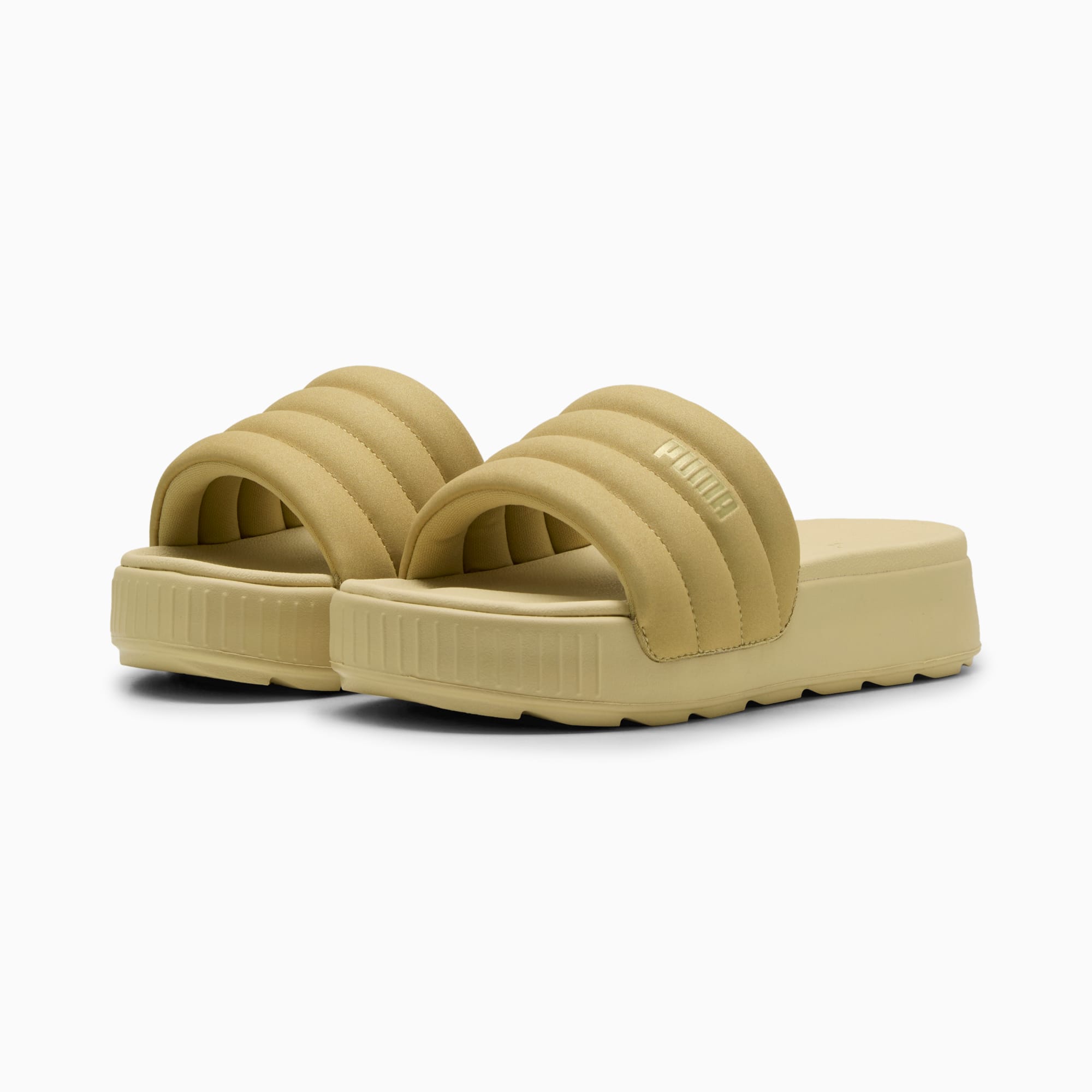 Karmen Puffy Aqua Metallics Slides Women, PUMA Gold-Light Sand, large