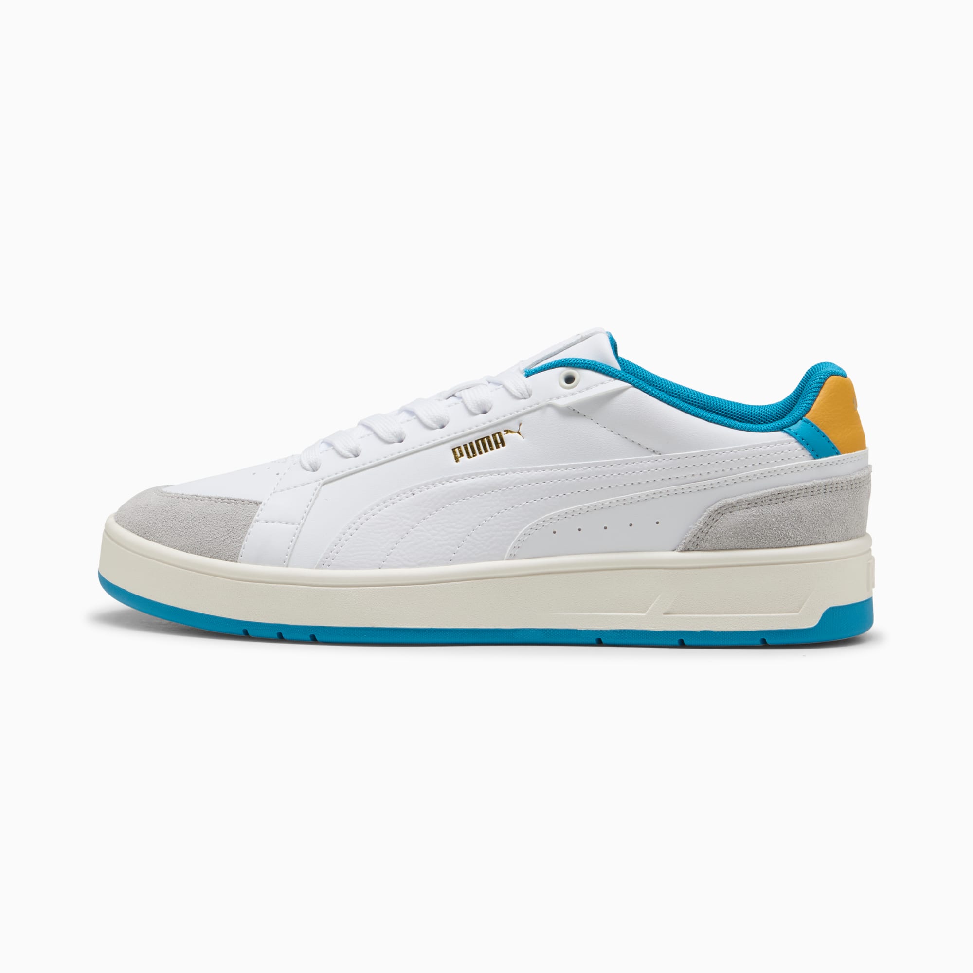Basket blanche PUMA Court adulte avec des accents bleus et jaunes.