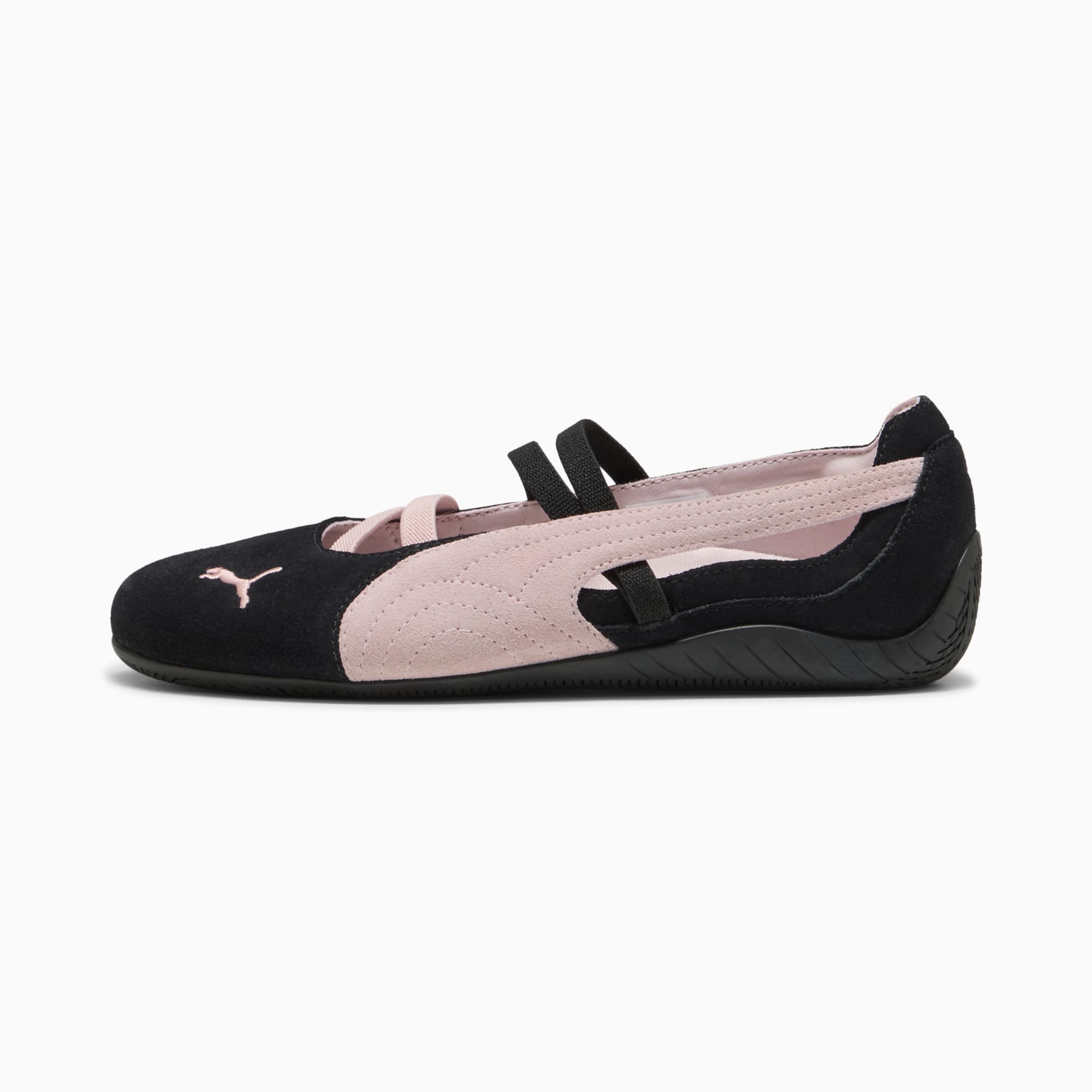 Schwarze PUMA Ballerinas für Damen, mit pinkfarbenen Akzenten und Riemendetails.