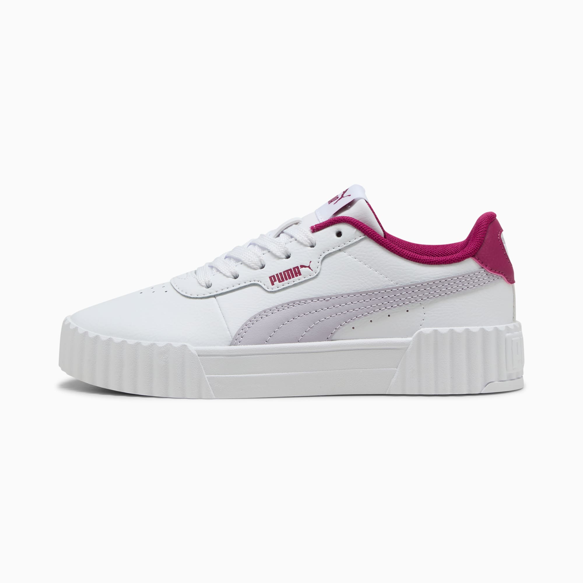 Scarpe da ginnastica PUMA bianche da donna con dettagli rosa e chiusura con lacci.