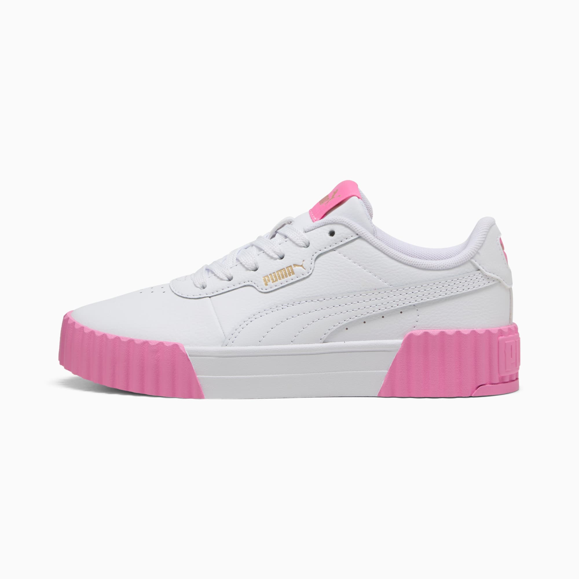 Scarpa da ginnastica PUMA bianca da ragazza, con suola rosa e logo sul lato.