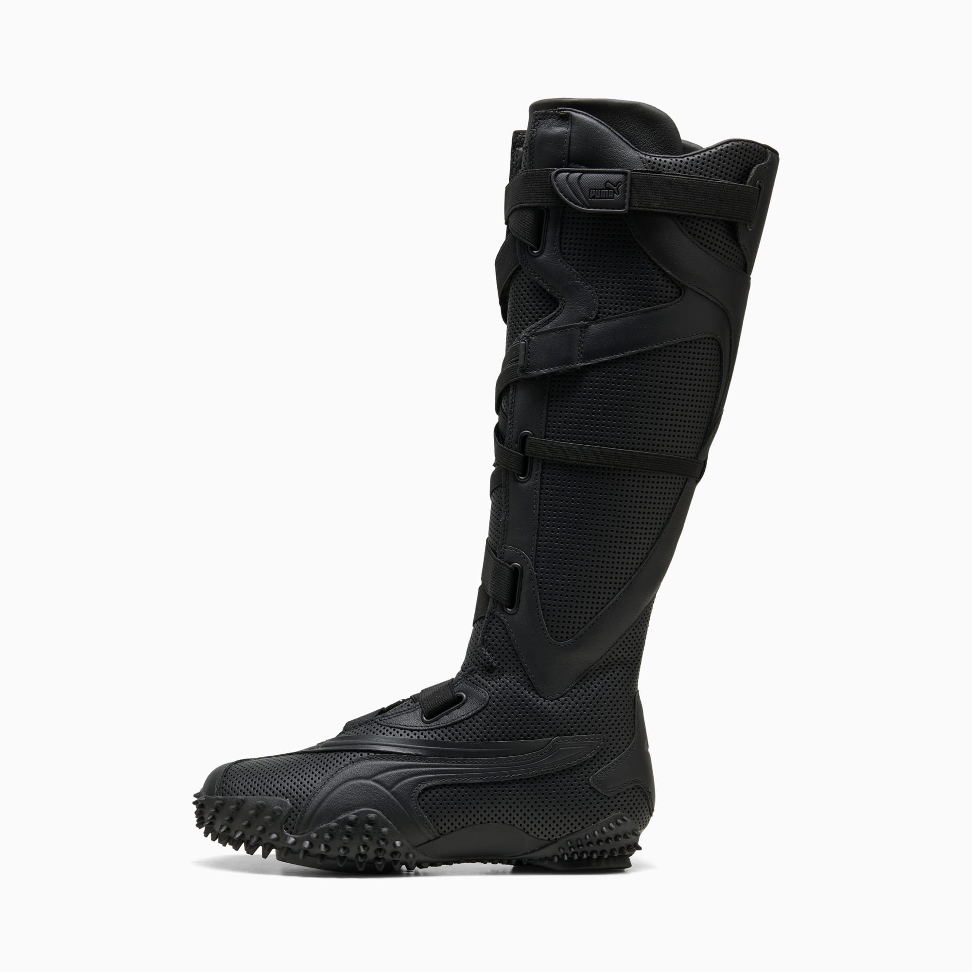 Black PUMA boot, women's, high-top with straps and textured sole.