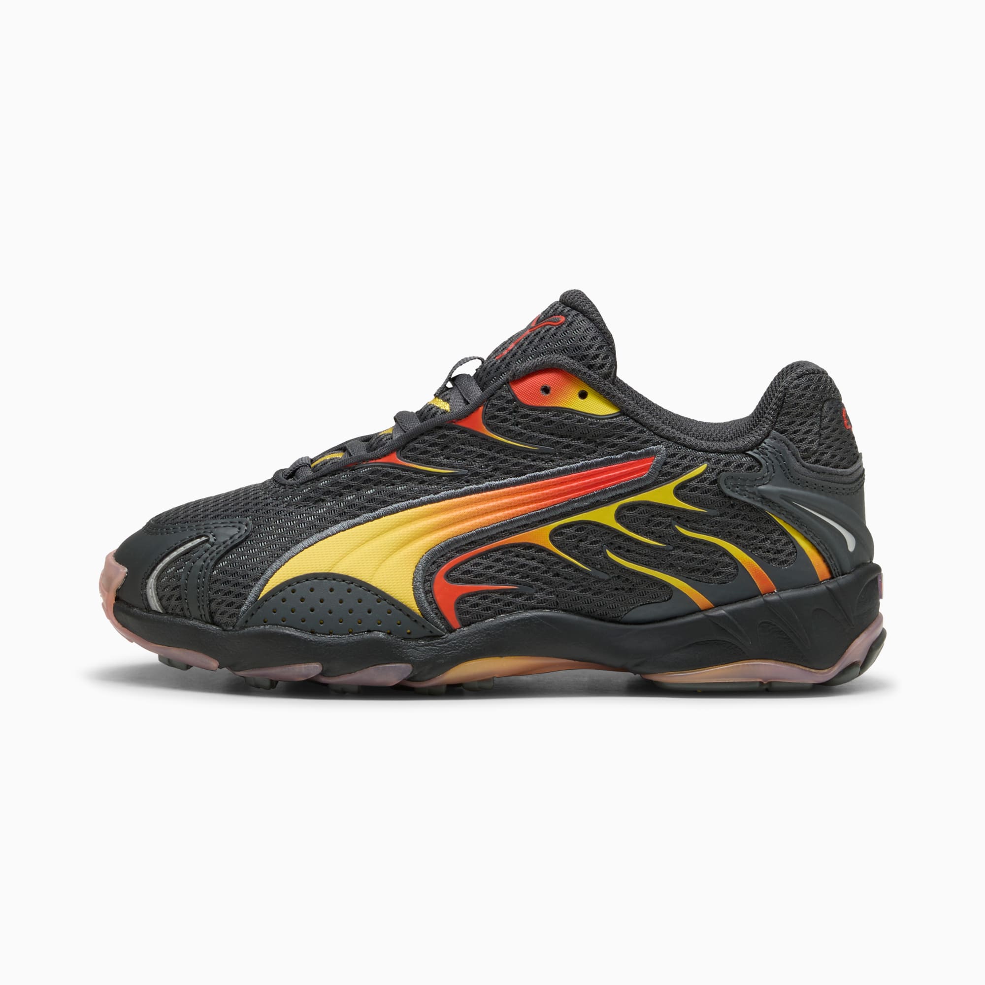 Scarpa da ginnastica unisex PUMA grigio scuro con motivo a fiamma giallo-rosso sul lato.