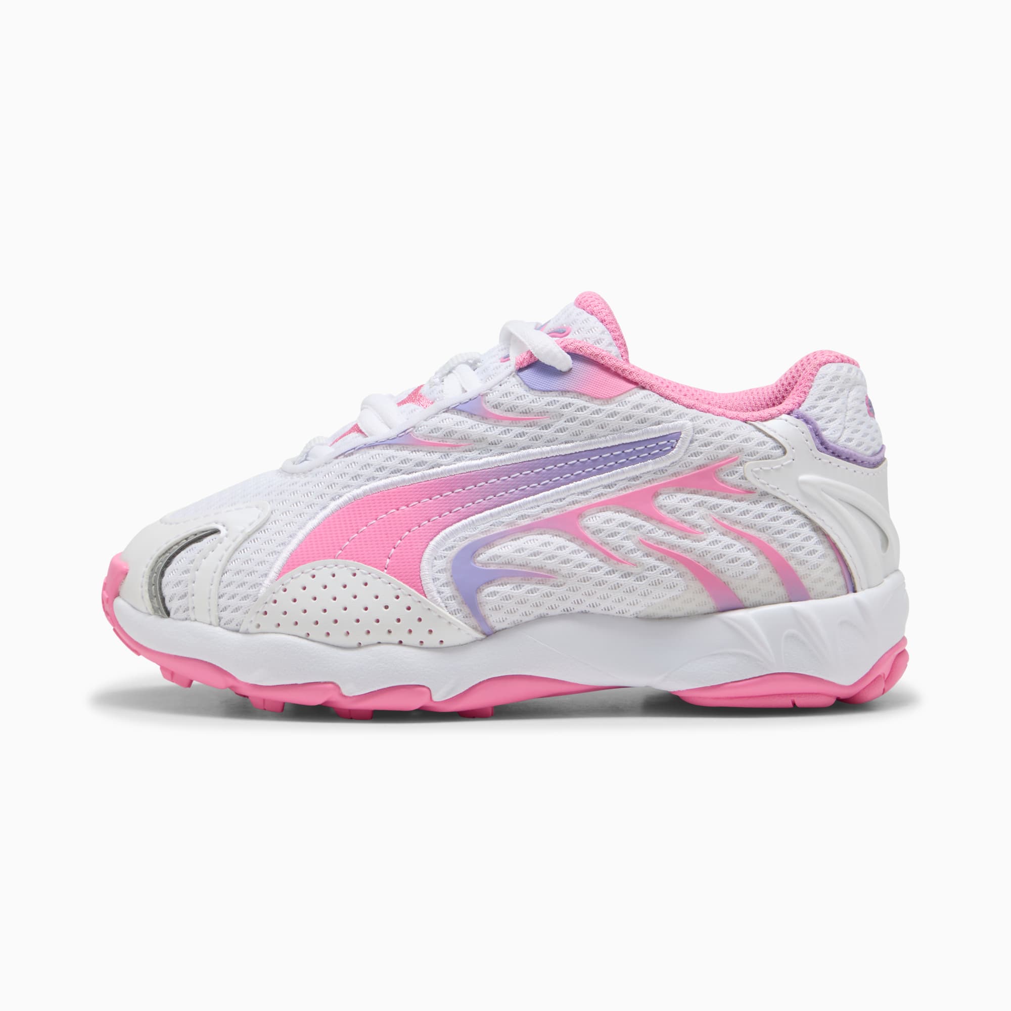 Baskets PUMA blanches pour filles avec des détails roses et lilas.
