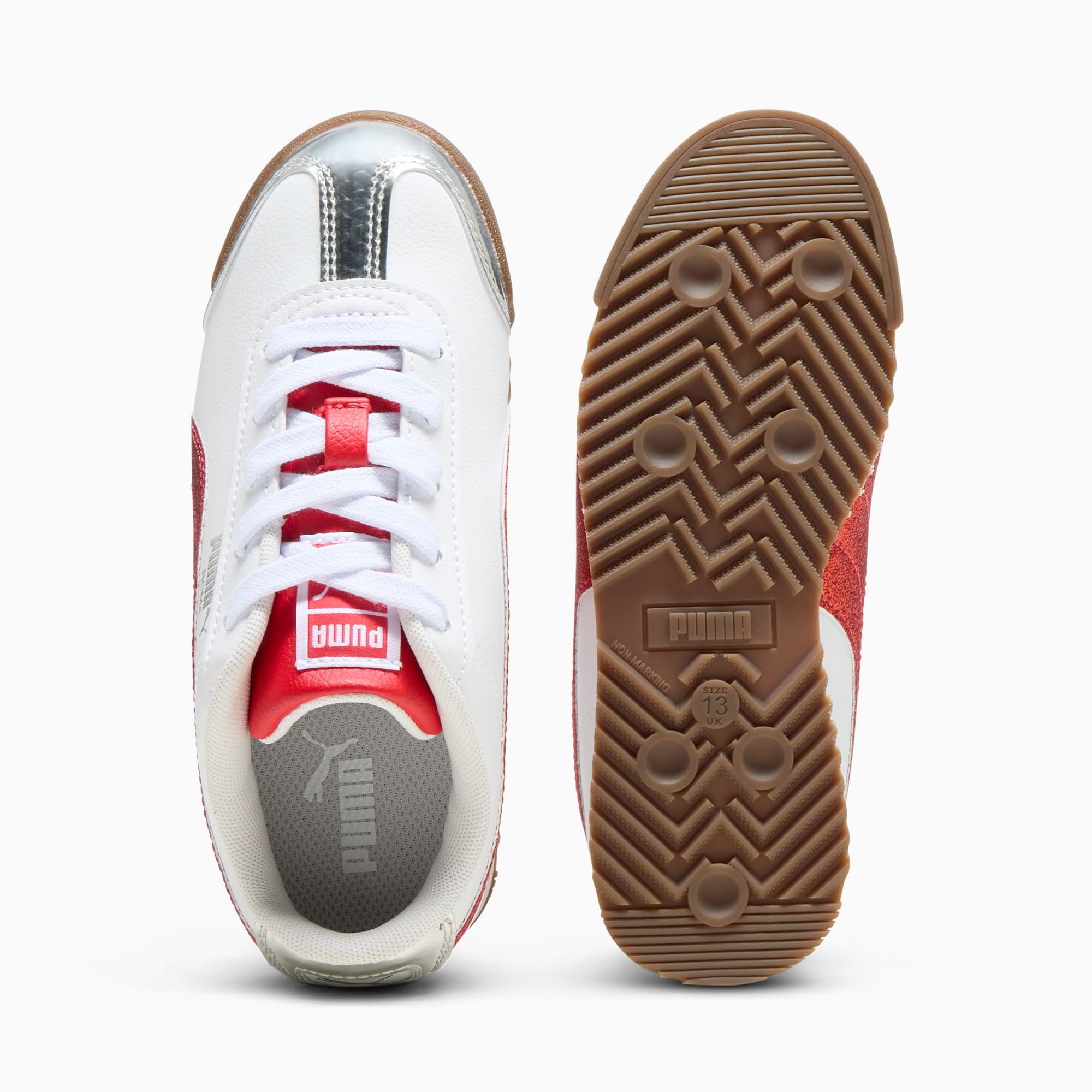 Puma Roma 24 Holiday Glitz Little Kids Sneakers White For All Time Red Silver 2