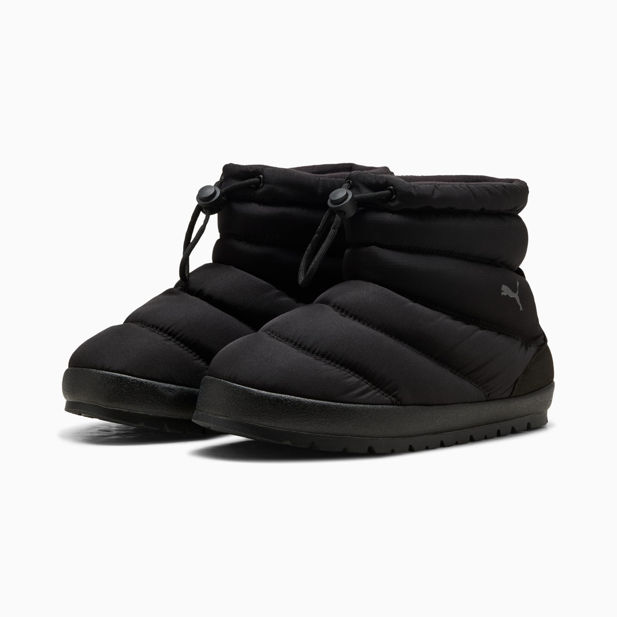 Black PUMA unisex slipper boots with a quilted design and toggle adjusters.
