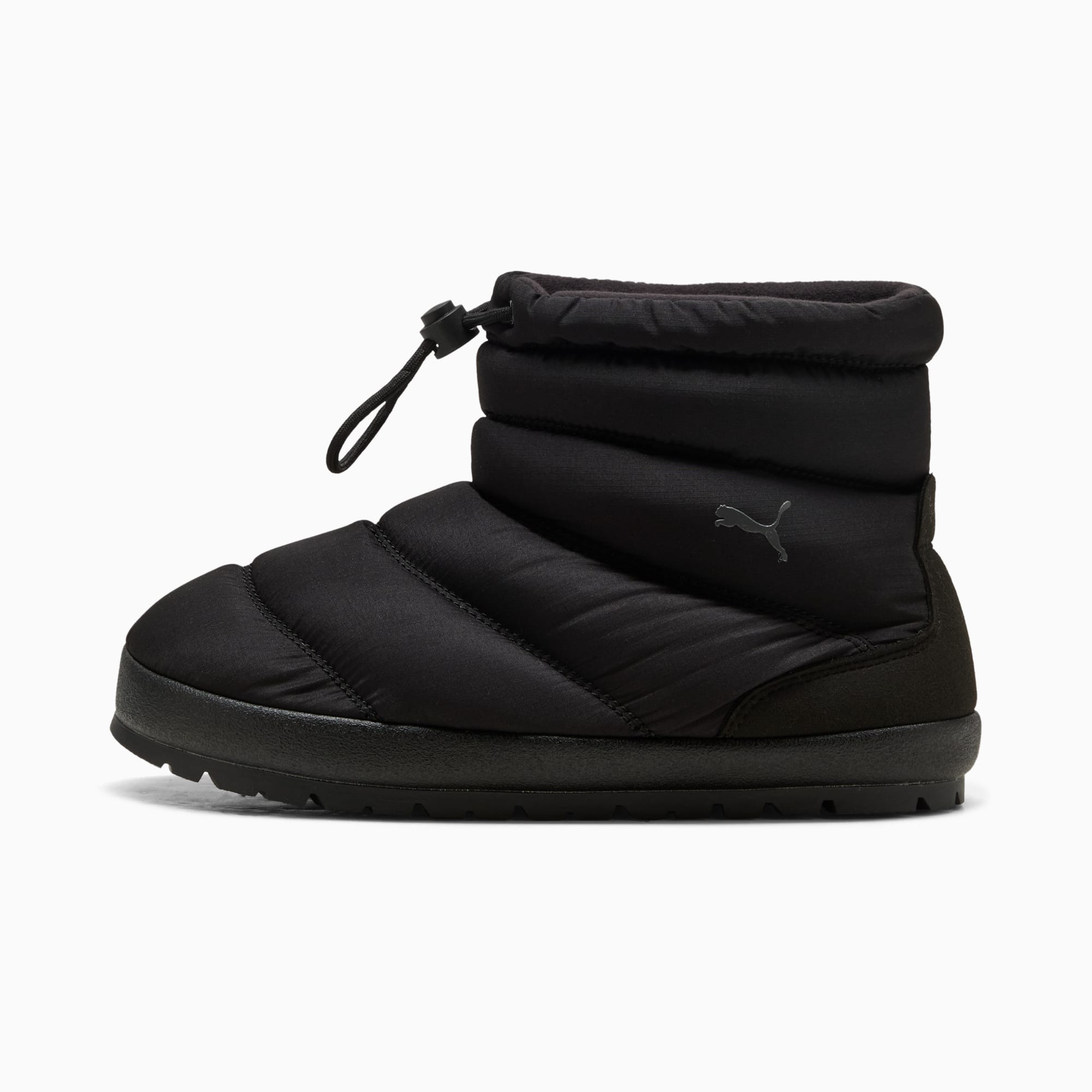 Black PUMA slipper boot for adults with quilted design and toggle closure.