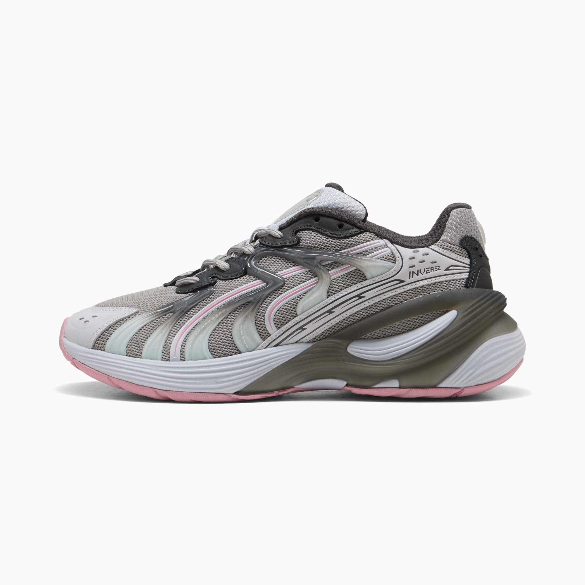 Baskets PUMA grises pour femmes, design superposé et semelle rose.