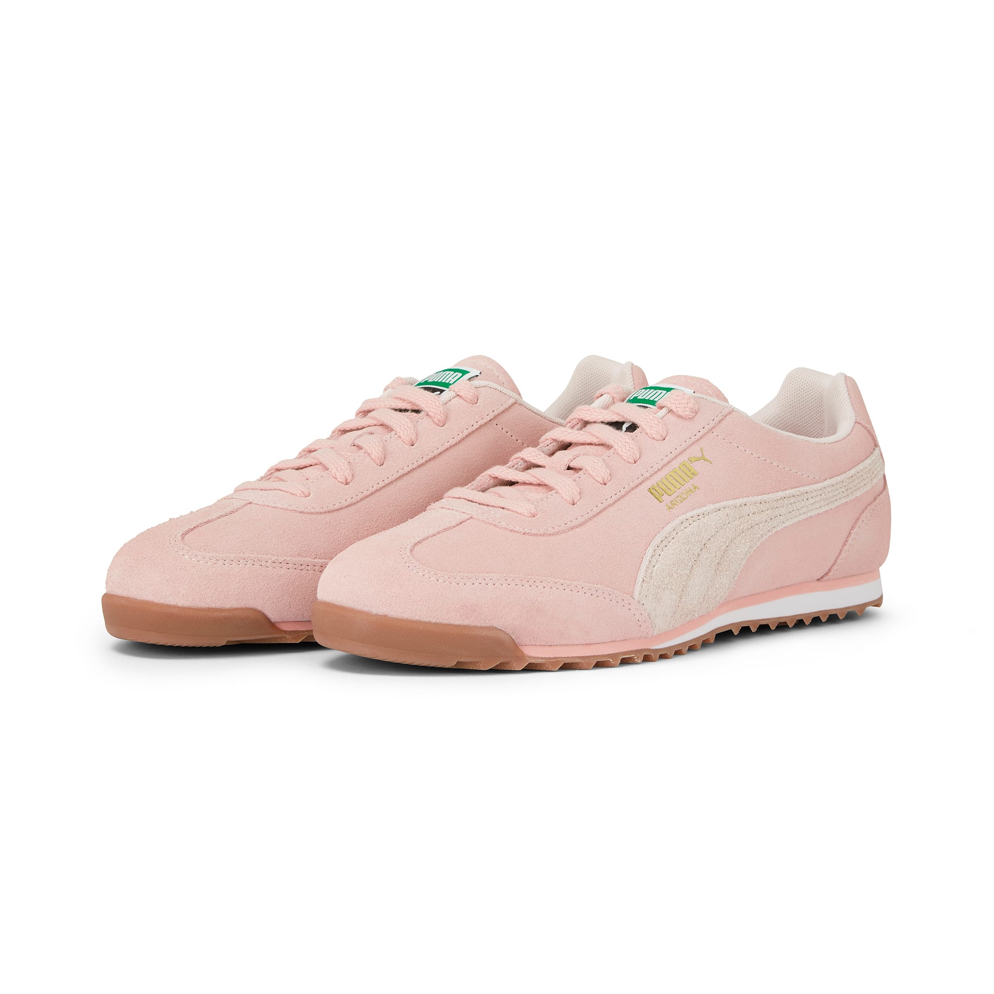 Roze PUMA Arizona damessneakers met suède bovenwerk en lichtbeige formstrip.