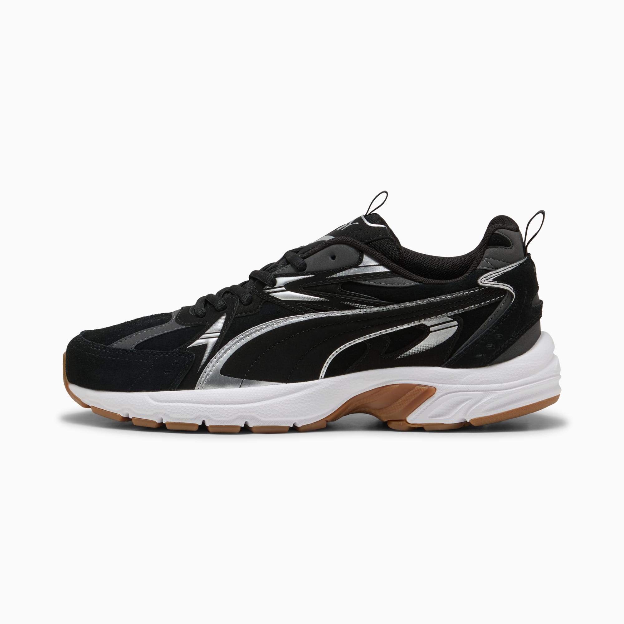 Scarpa PUMA nera da adulto con strisce argentate e suola bianca/marrone.