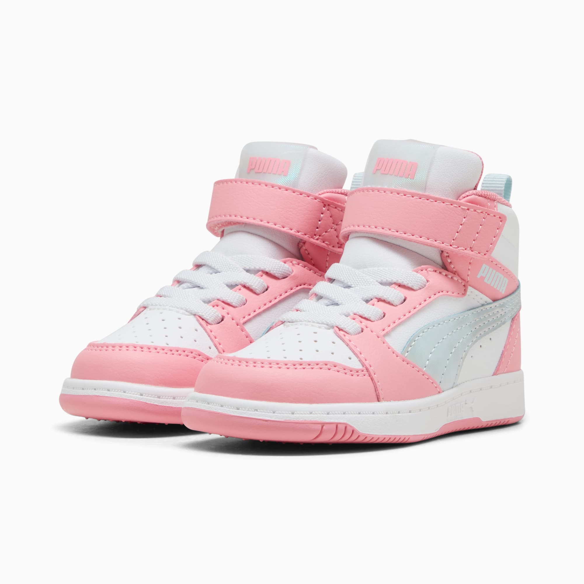 Rosa PUMA Turnschuhe für Kleinkinder, High-Top-Style mit Klettverschluss und Schnürung.