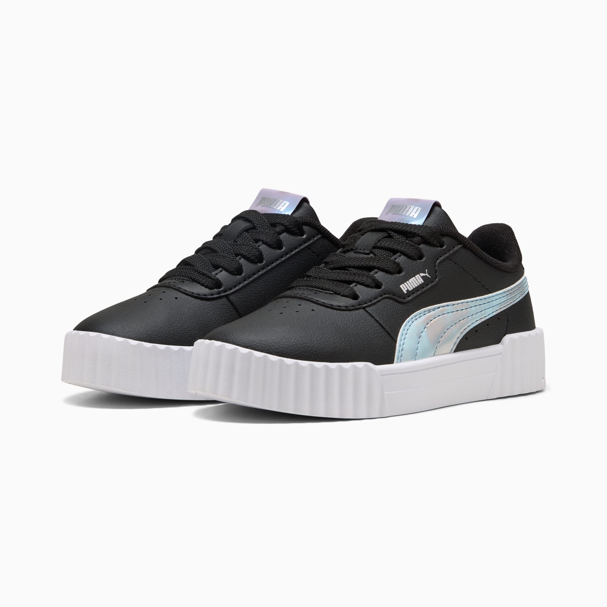 Black PUMA trainers for kids with iridescent stripe and white sole.