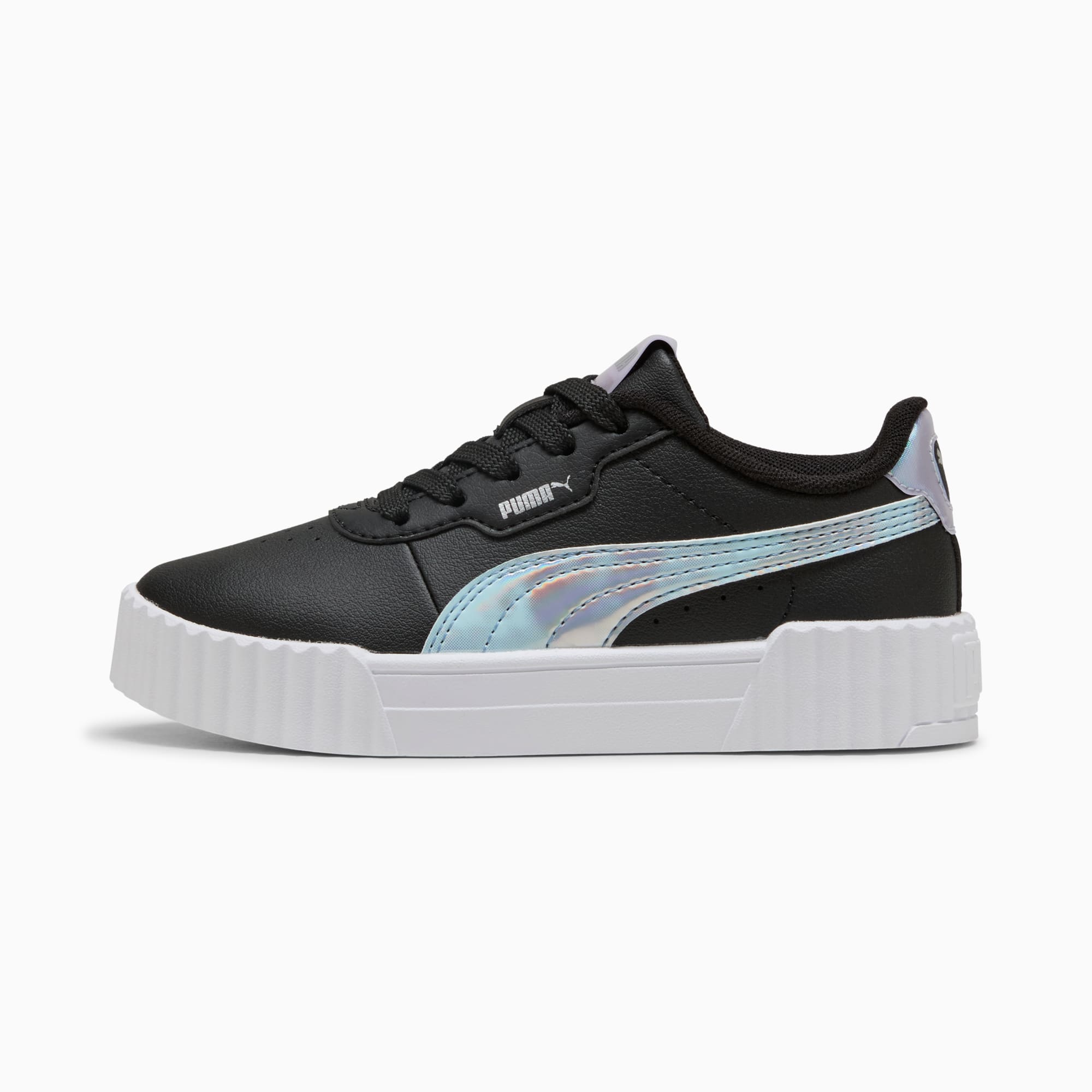Black PUMA trainer for kids, with iridescent stripe detail and a white sole.