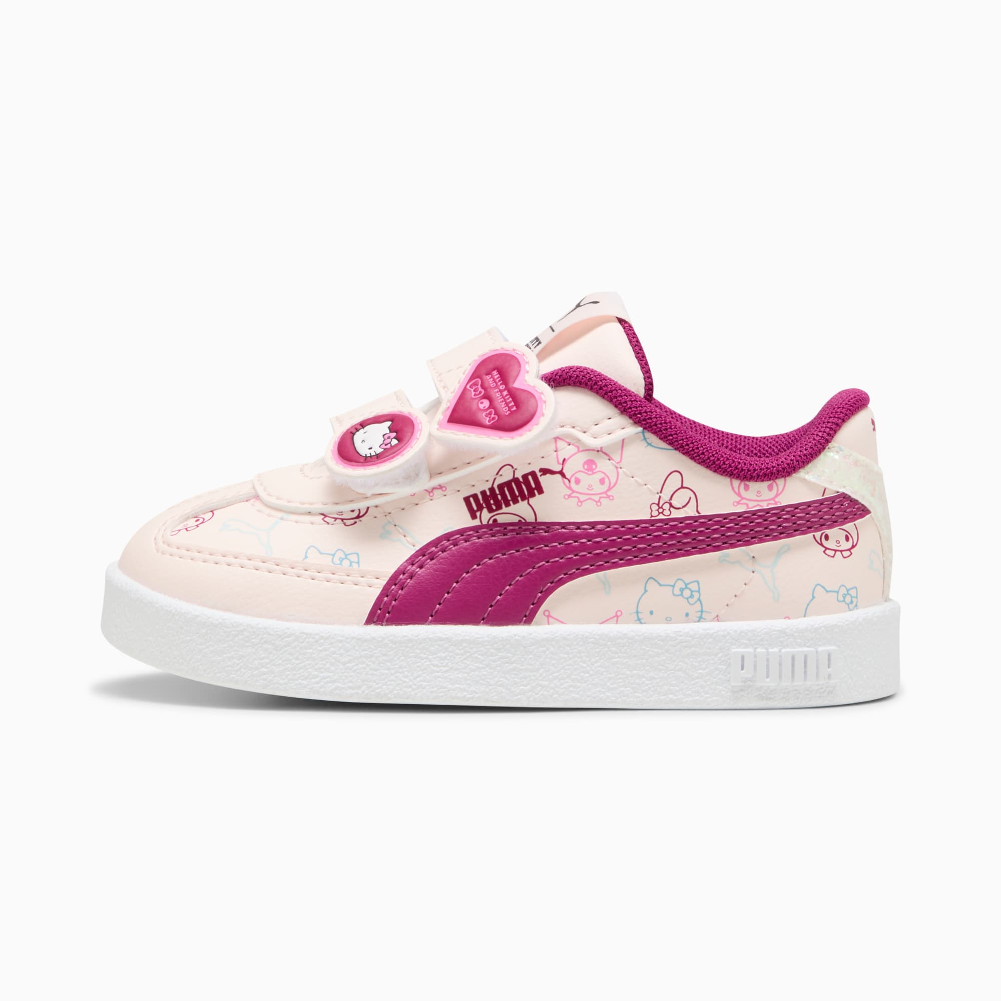 Rosa PUMA Sneaker für Kleinkinder mit Hello Kitty-Grafiken und Klettverschlussriemen.