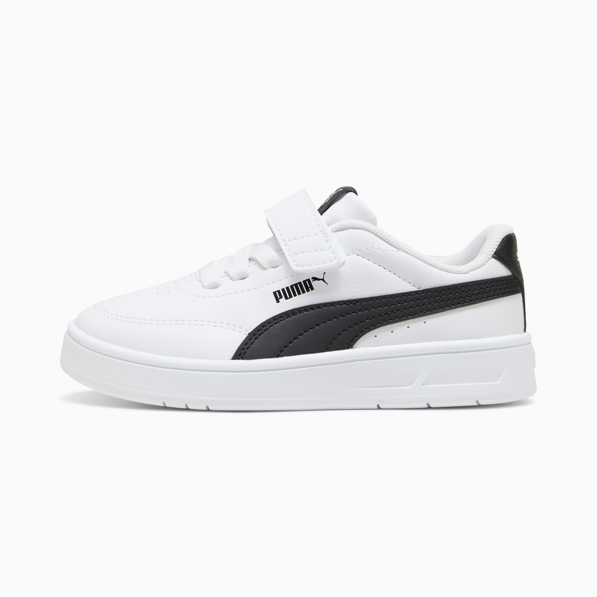 Basket PUMA blanche pour enfant avec bande noire et fermeture scratch.