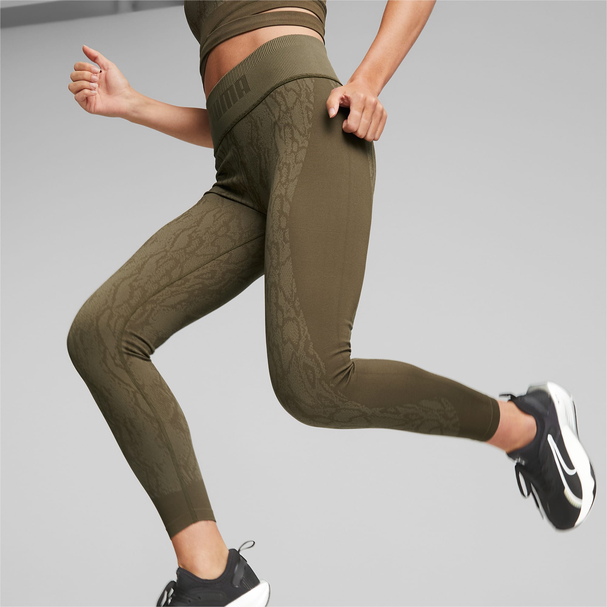 Puma Women's Olive Green Pattern Logo High Waisted Seamless Leggings Size  Small