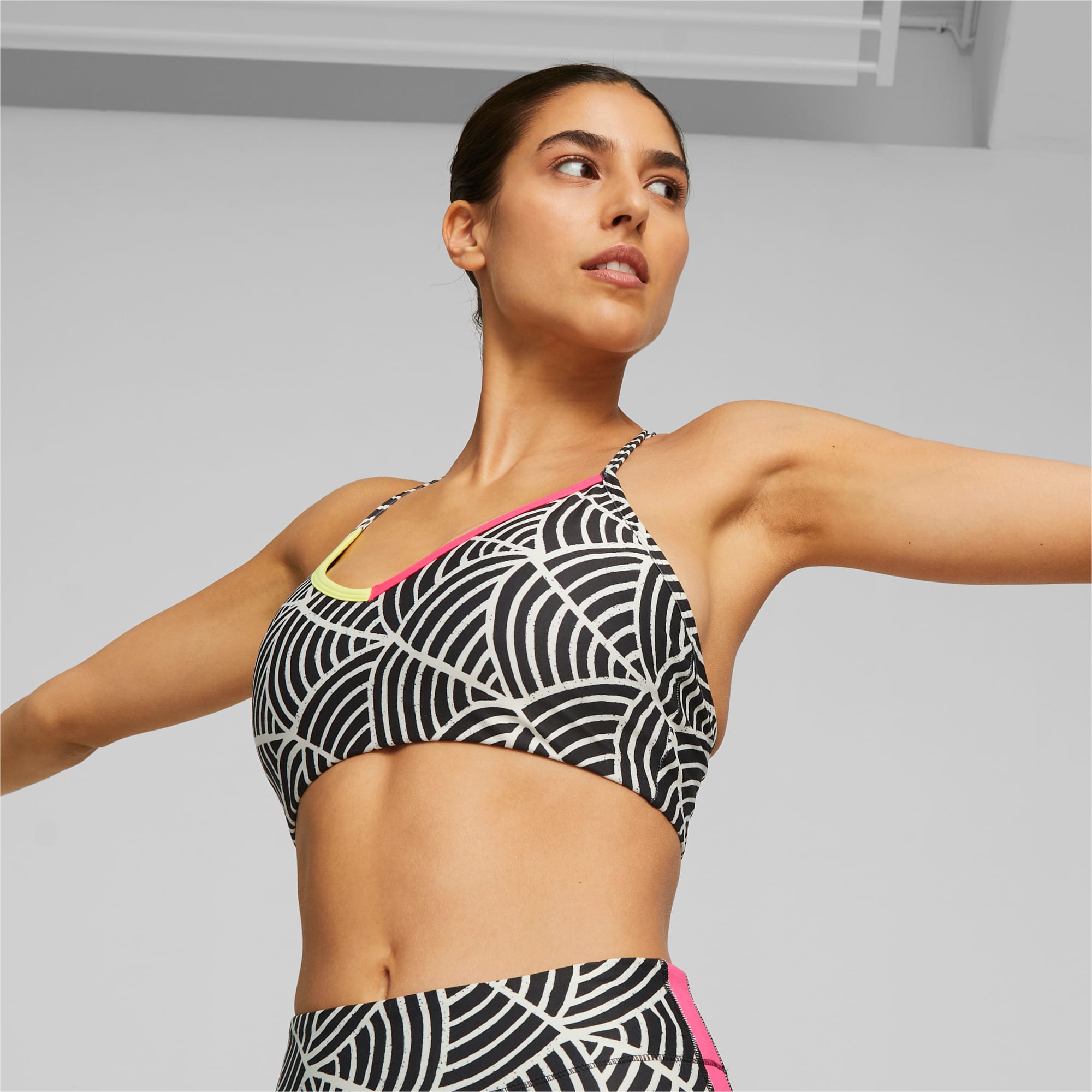 Calia White & Black Striped Workout Shirt with Built in Black Bra