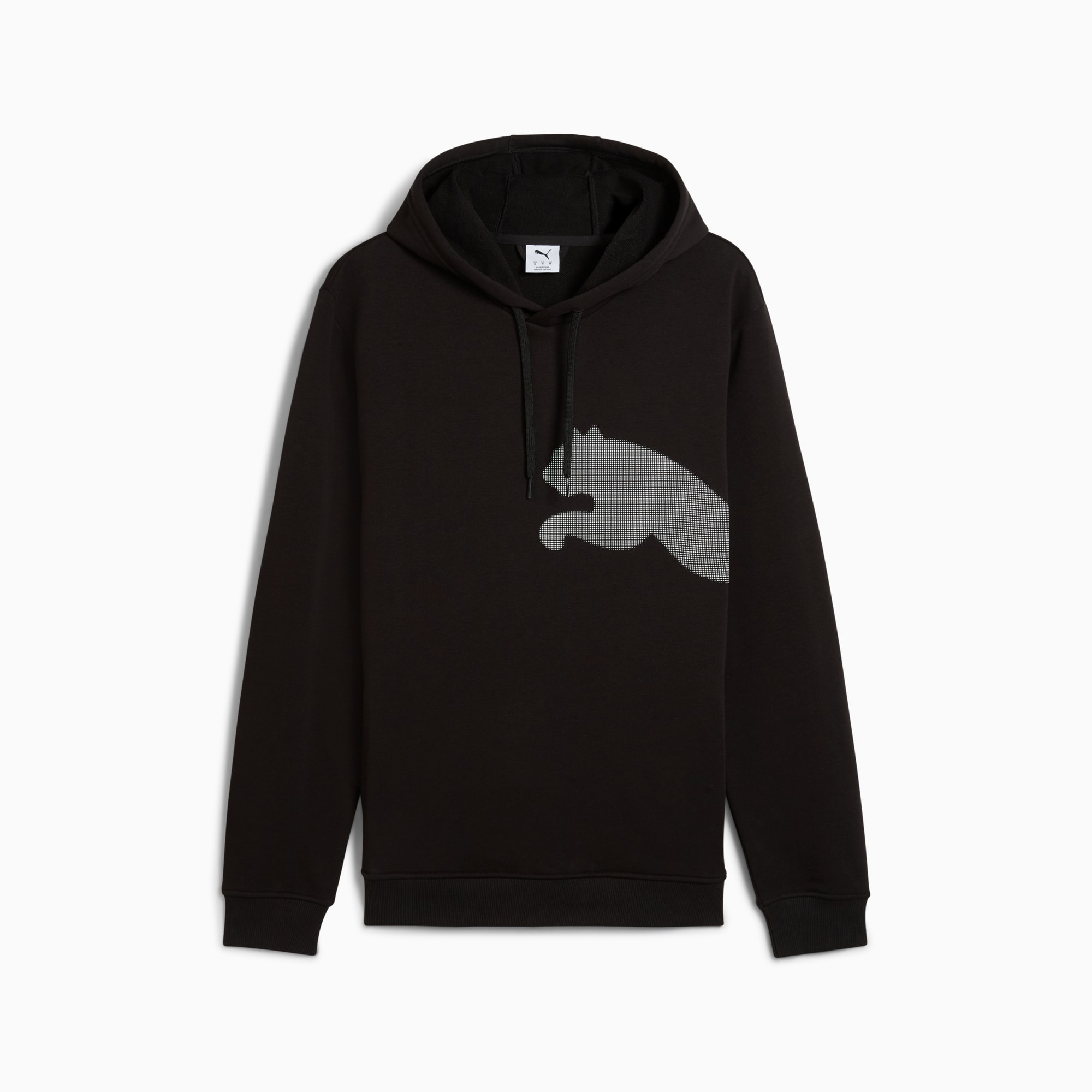 Sweat à capuche PUMA noir pour adultes avec un grand motif de chat gris bondissant sur la poitrine.