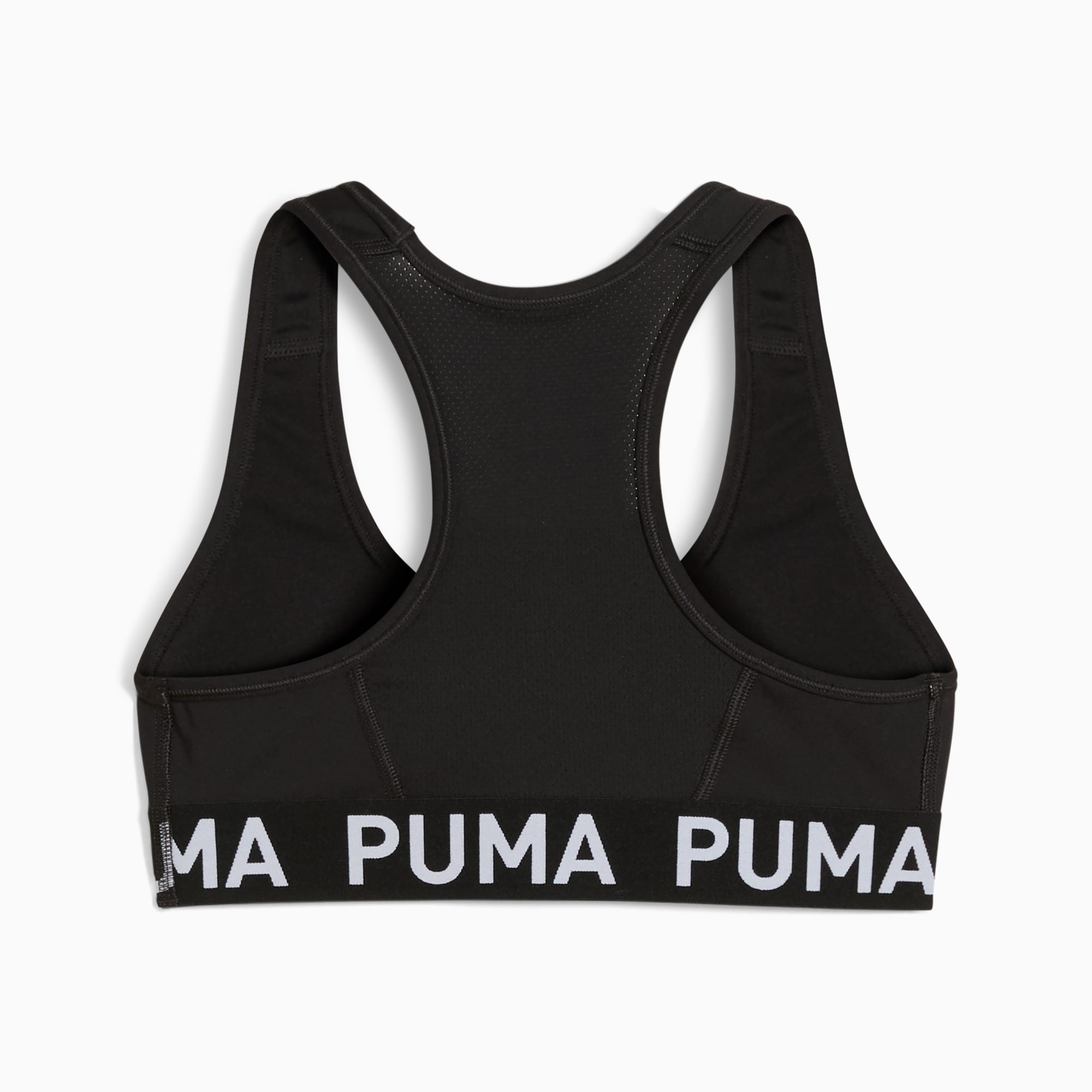 Schwarzer PUMA Sport-BH für Damen mit Ringerrücken und Markenbund.