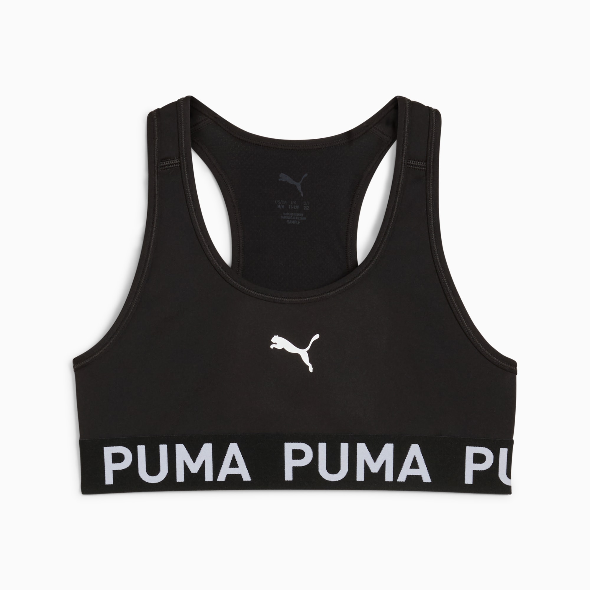Schwarzes PUMA Crop-Top für Damen mit Ringerrücken und Logo auf Brust und Bund.