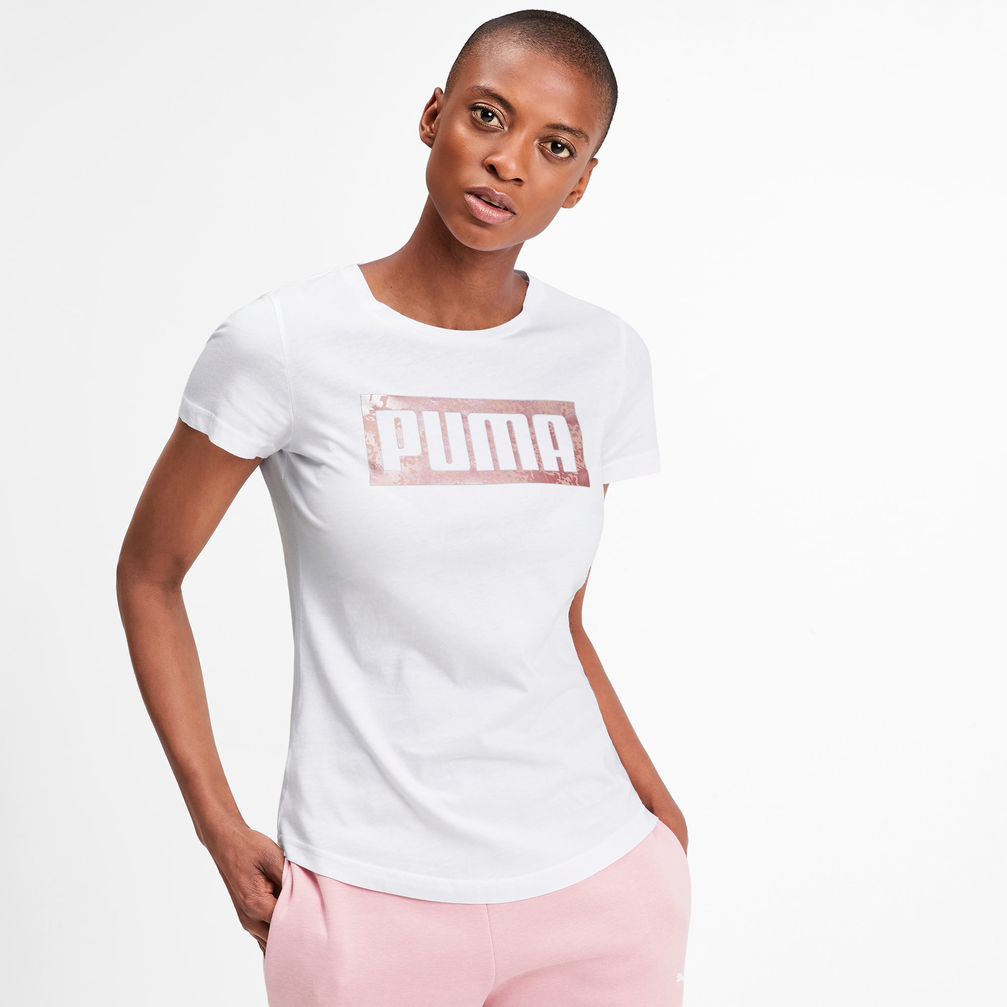 pink and white puma shirt